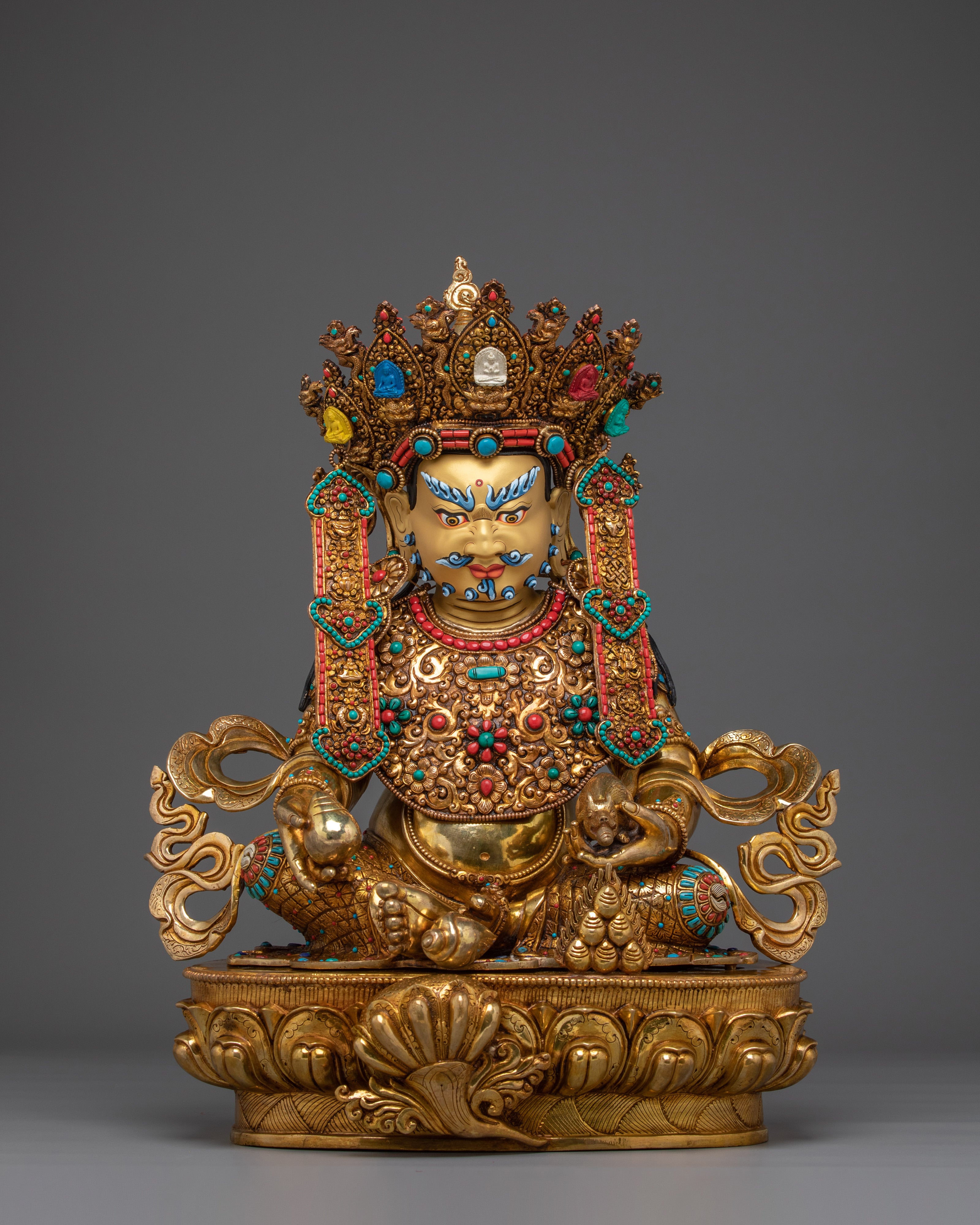 Crown Dzambhala Statue 24K Gold Gilded Statue | Copper Buddhist Wealth Deity Sculpture
