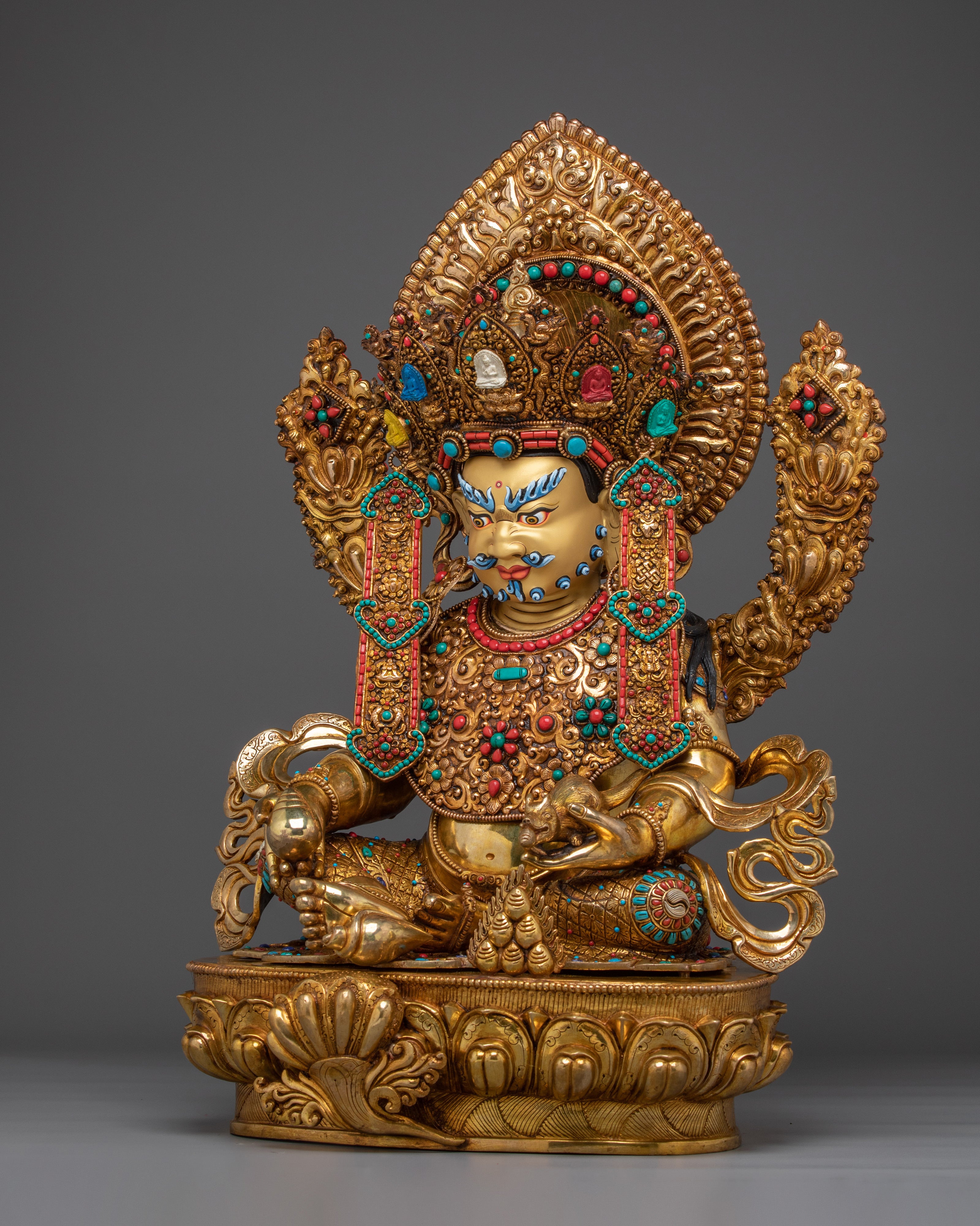 Crown Dzambhala Statue 24K Gold Gilded Statue | Copper Buddhist Wealth Deity Sculpture