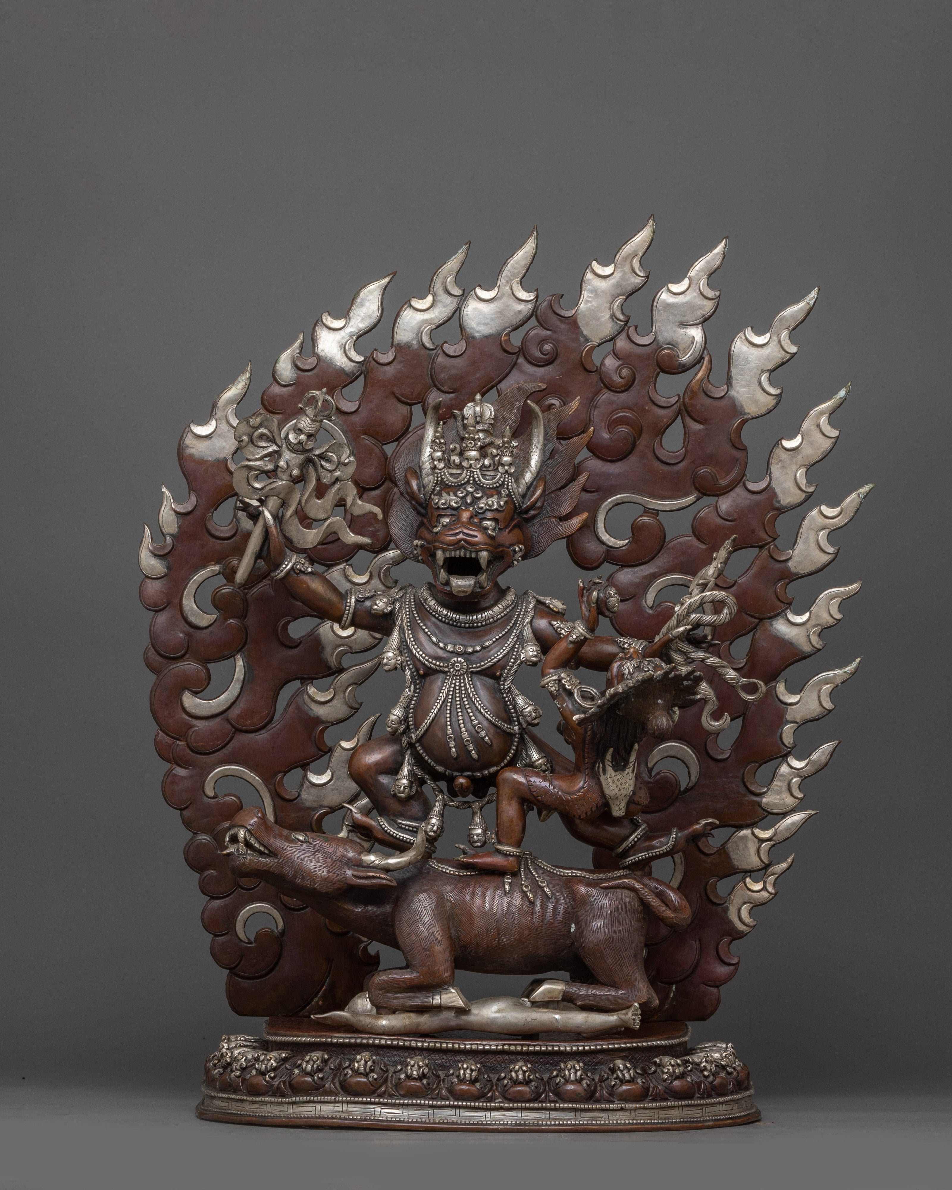 Silver Plated Yama Dharmaraja Statue | Wrathful Dharma Protector Deity