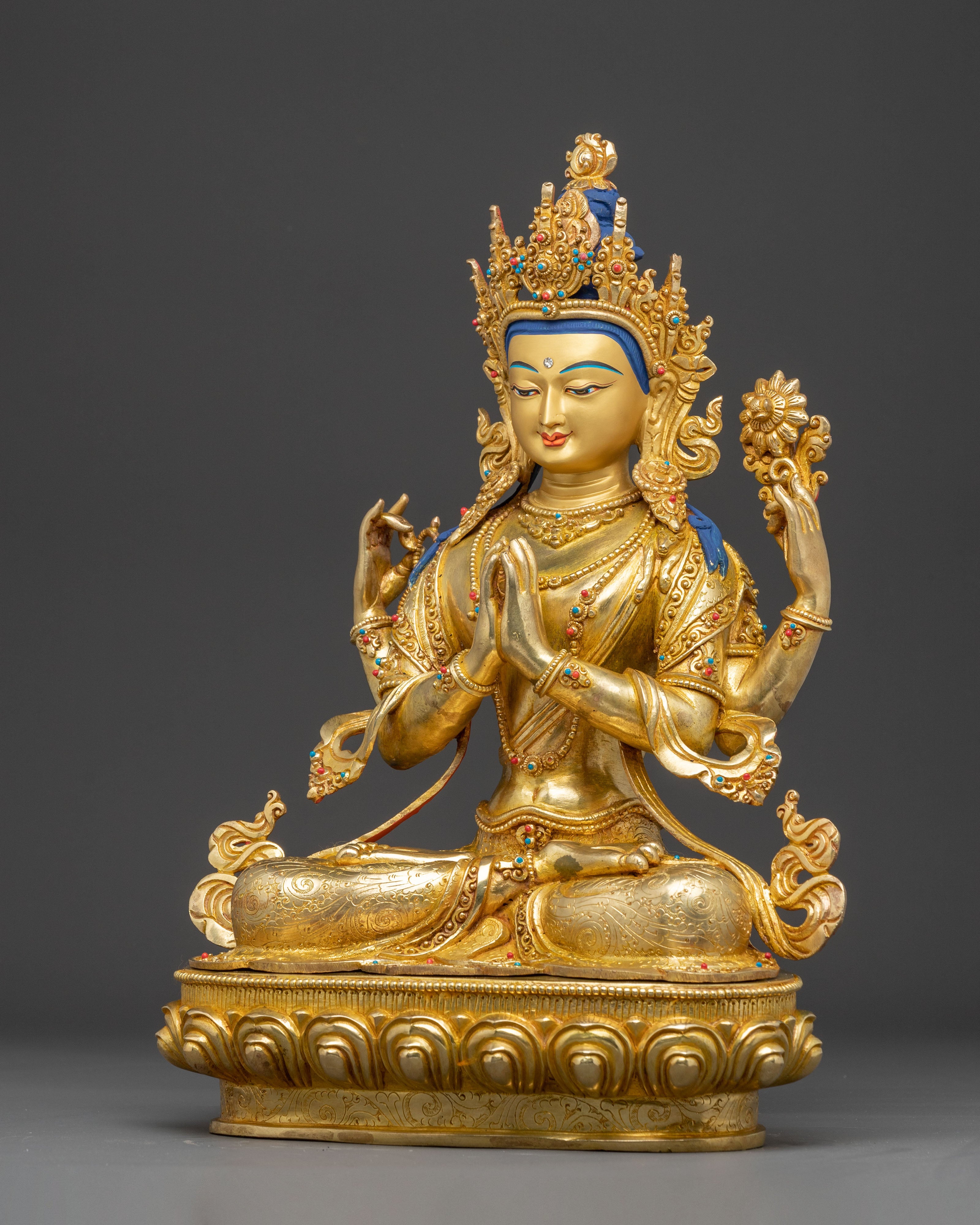 Handcrafted Golden Statue of Four Armed Chenrezig | Bodhisattva of Infinite Compassion