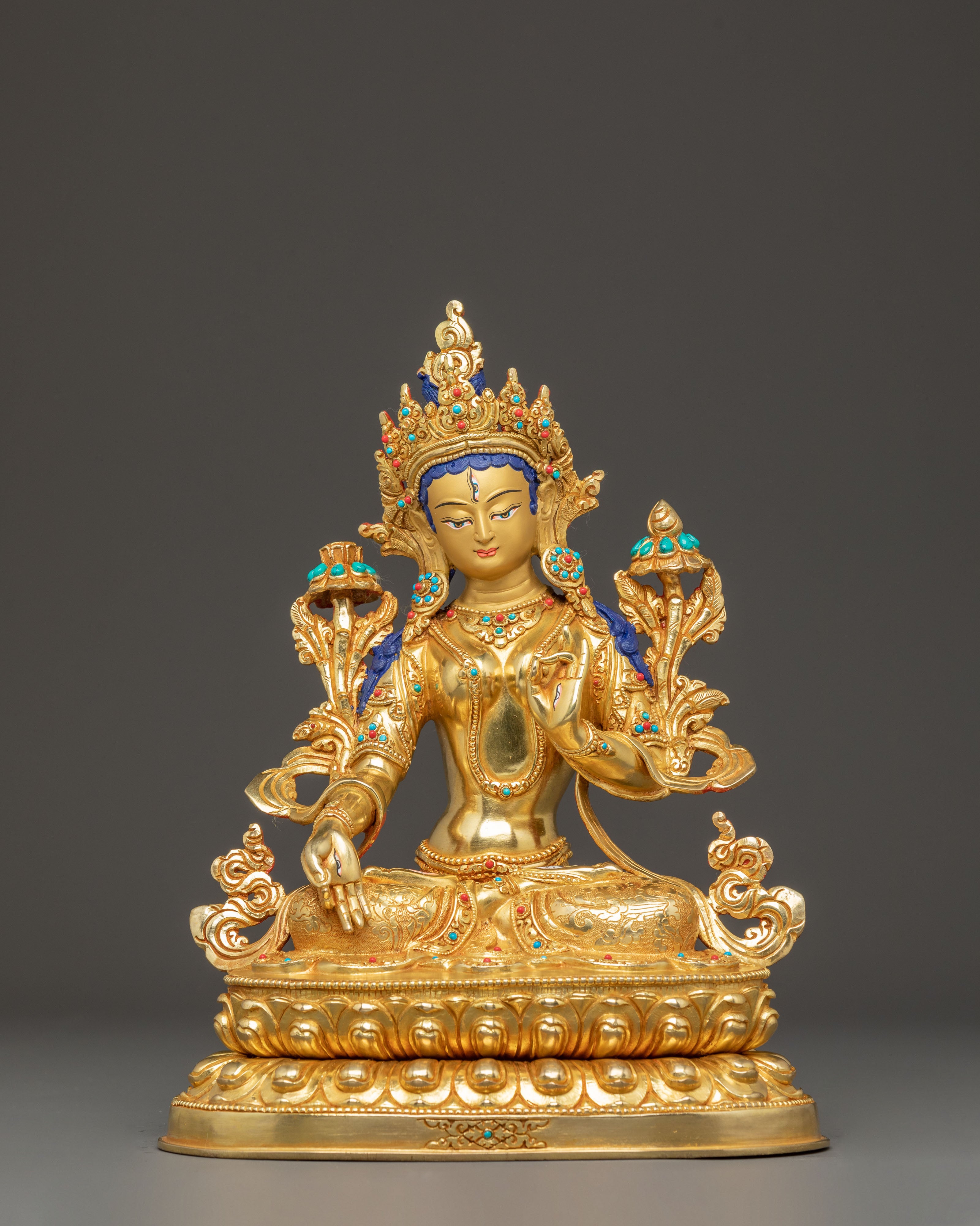 Sacred Seven-Eyed Deity White Tara Golden Sculpture 