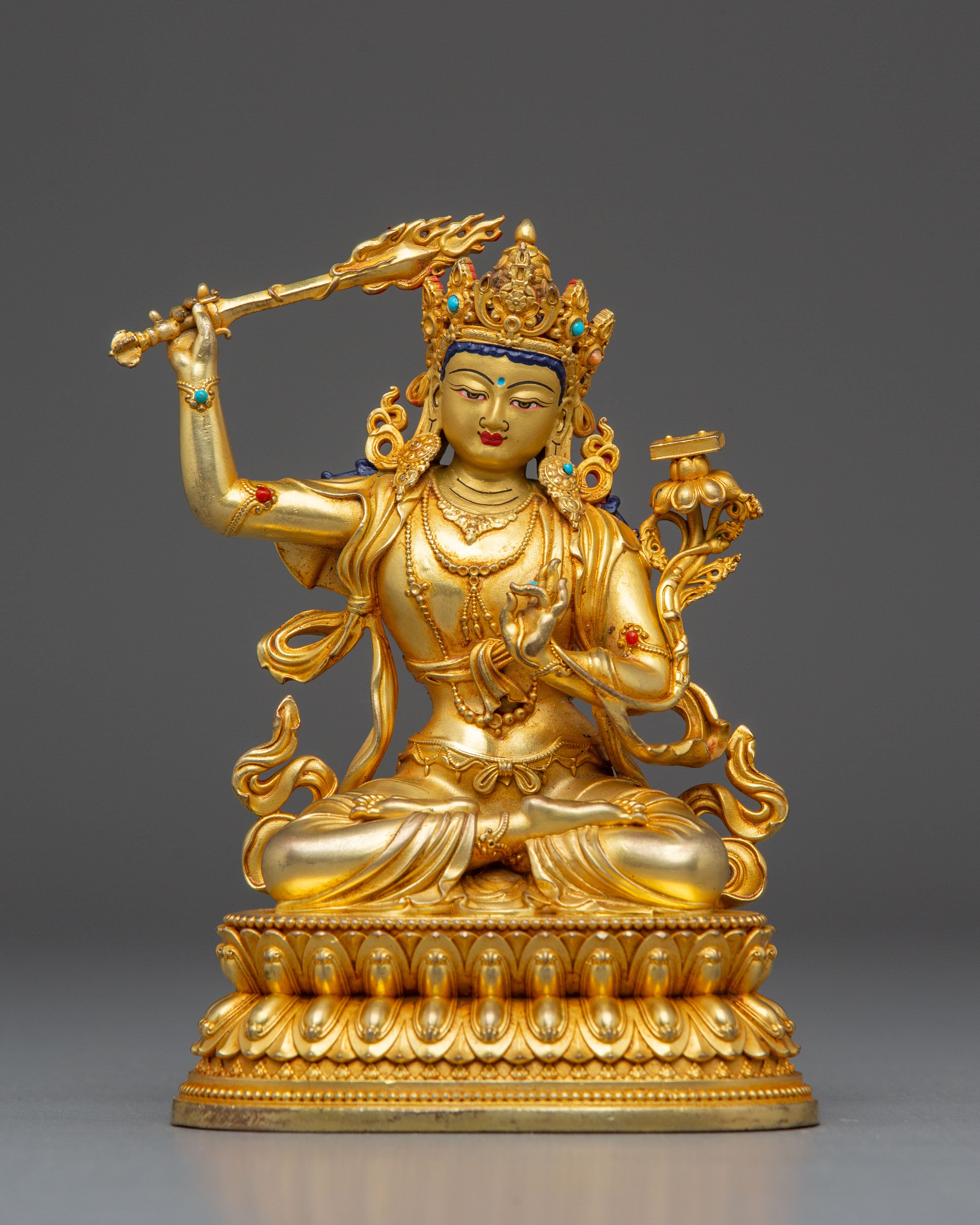 Machine-Made Golden Statue of Manjushri Bodhisattva | Symbol of Wisdom