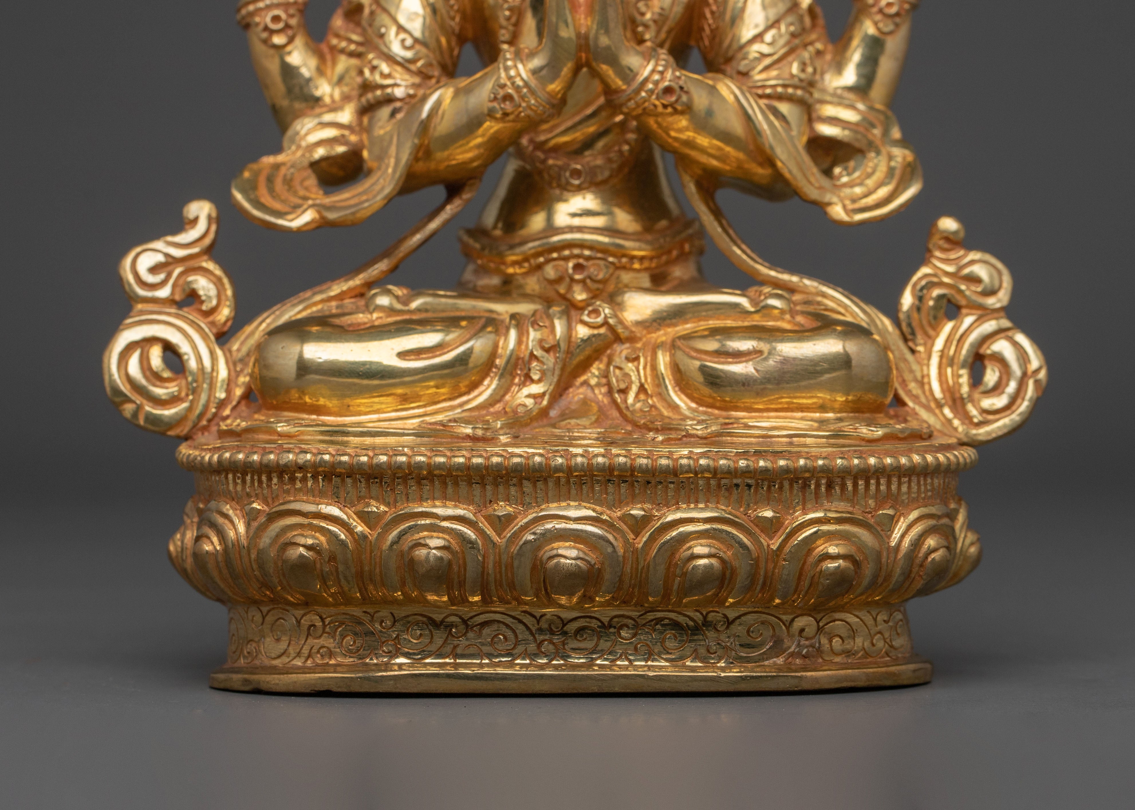 Handmade Four Armed Chenrezig Spiritual Sculpture: 24K Gold Gilded