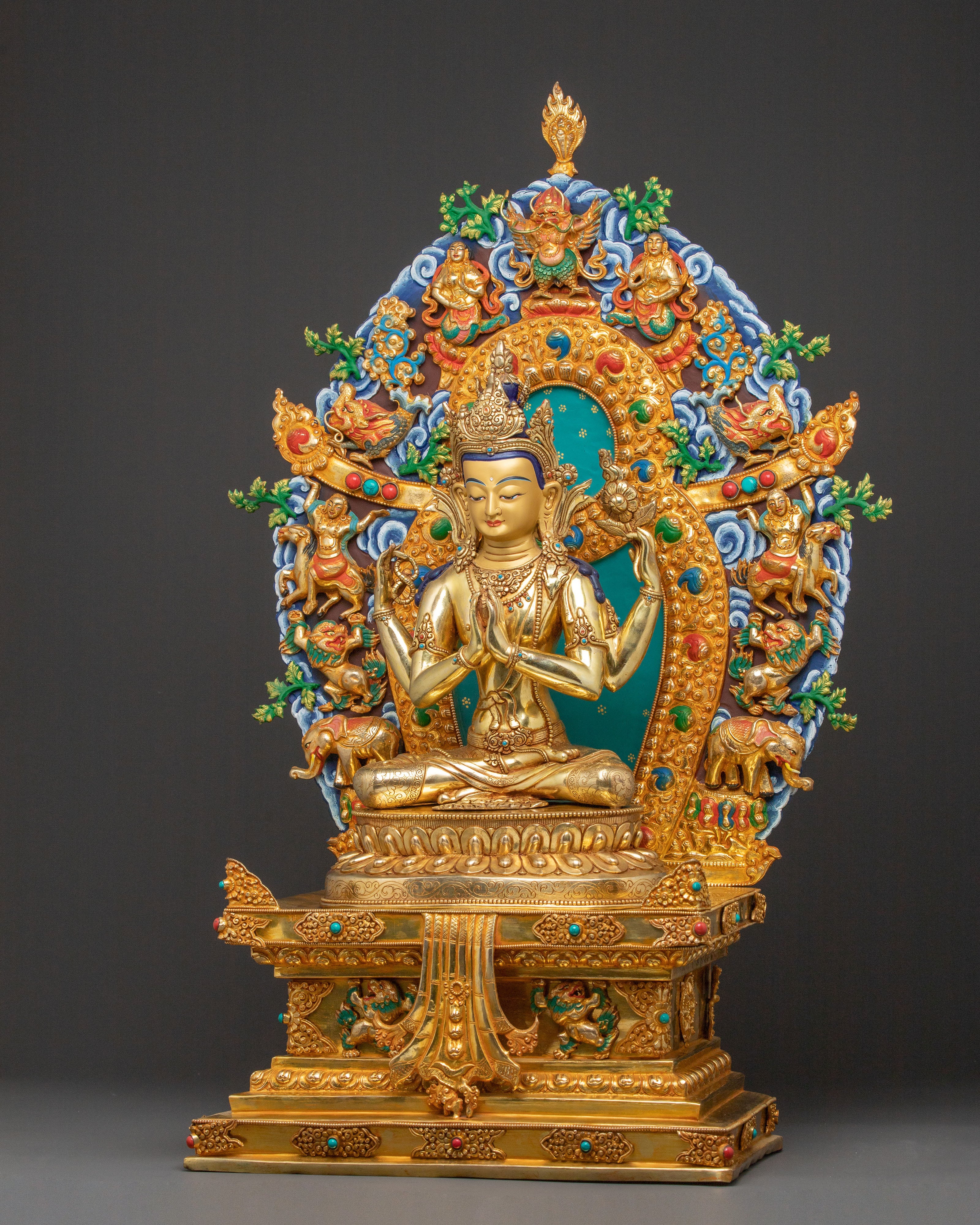Sacred Statue of Chenrezig on Throne - Handcrafted Sacred Figure