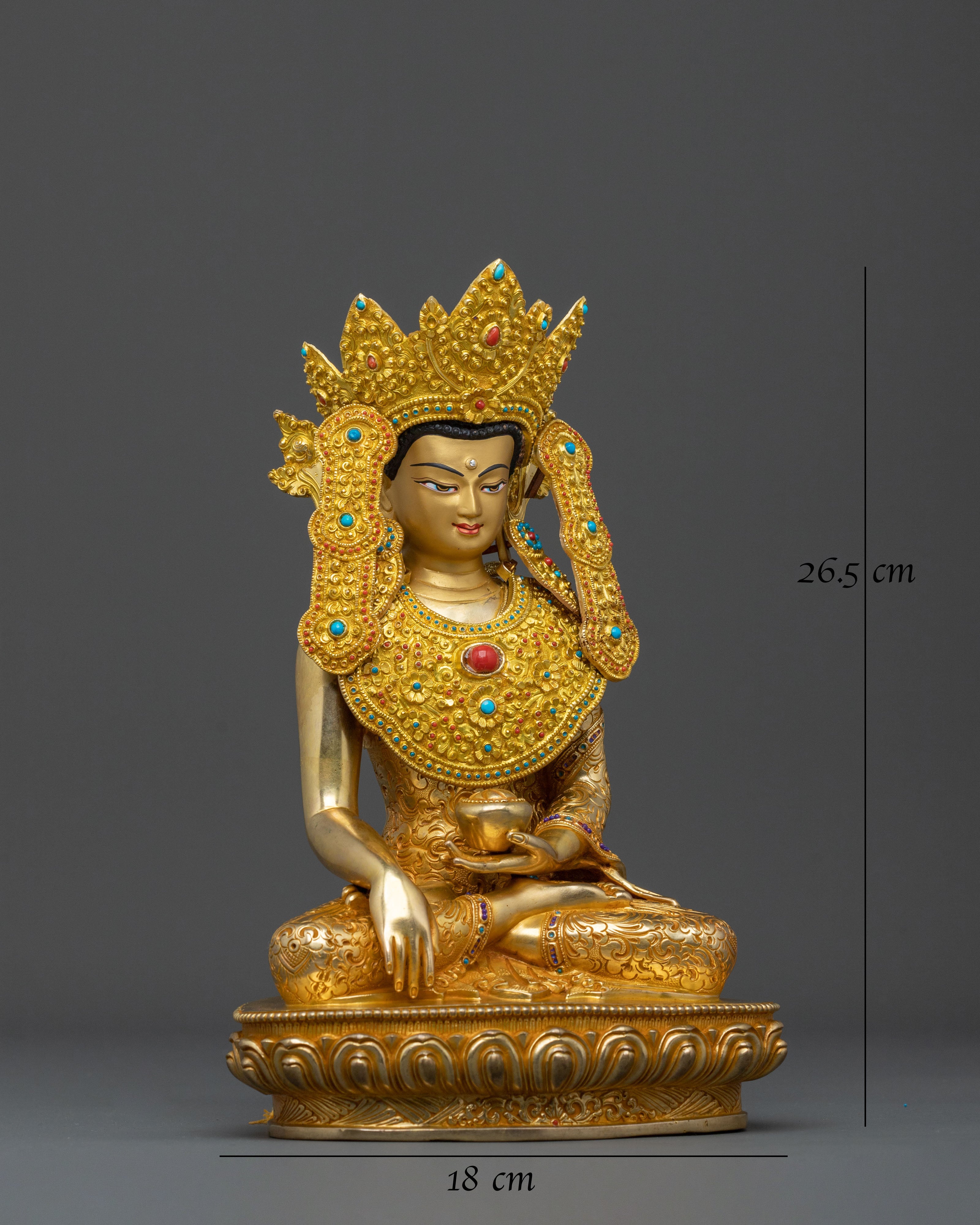 Handcrafted Crown Shakyamuni Buddha Spiritual Sculpture in 24K Gold