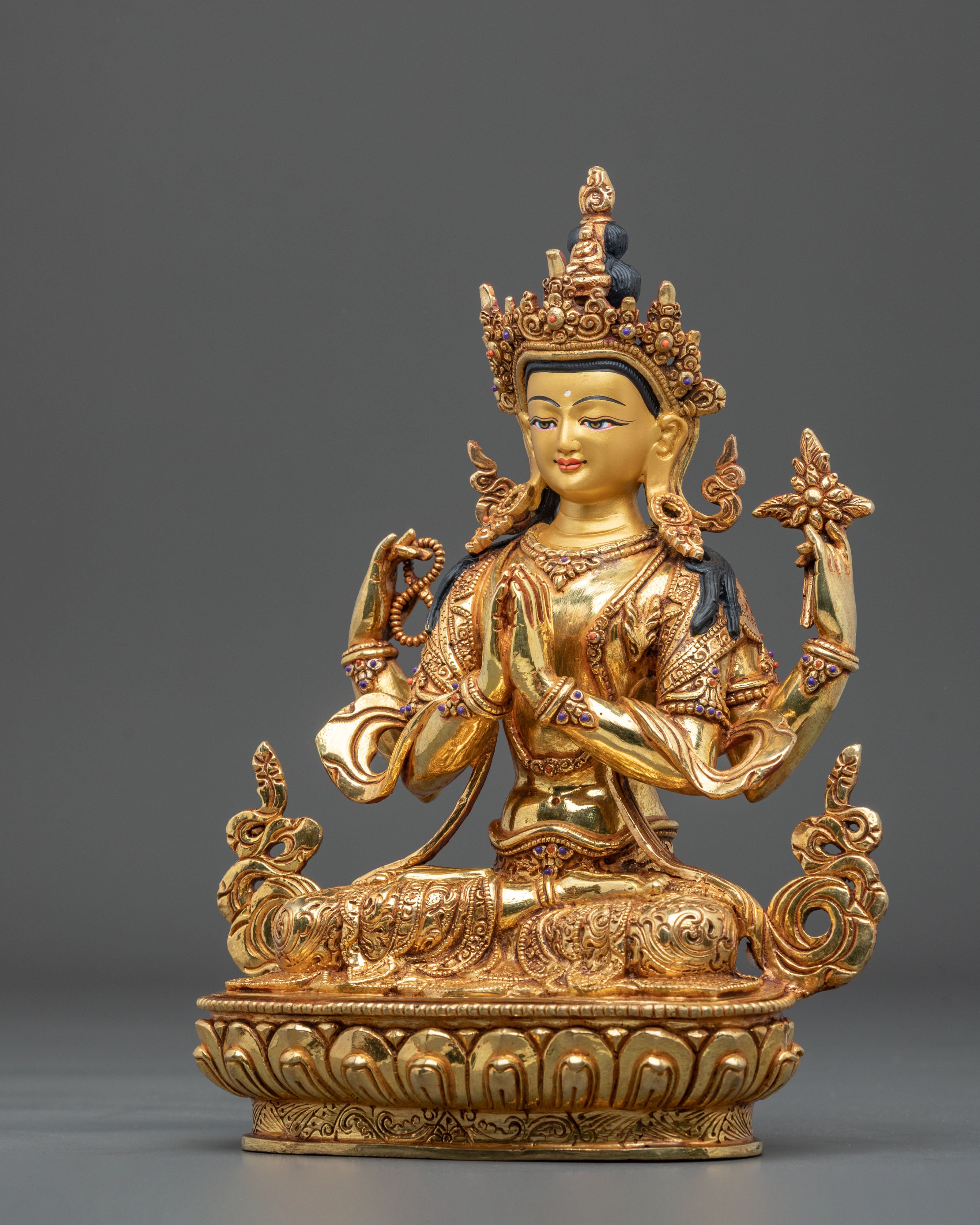 24K Gold-Plated Chenrezig Statue | Exquisite Copper Figurine