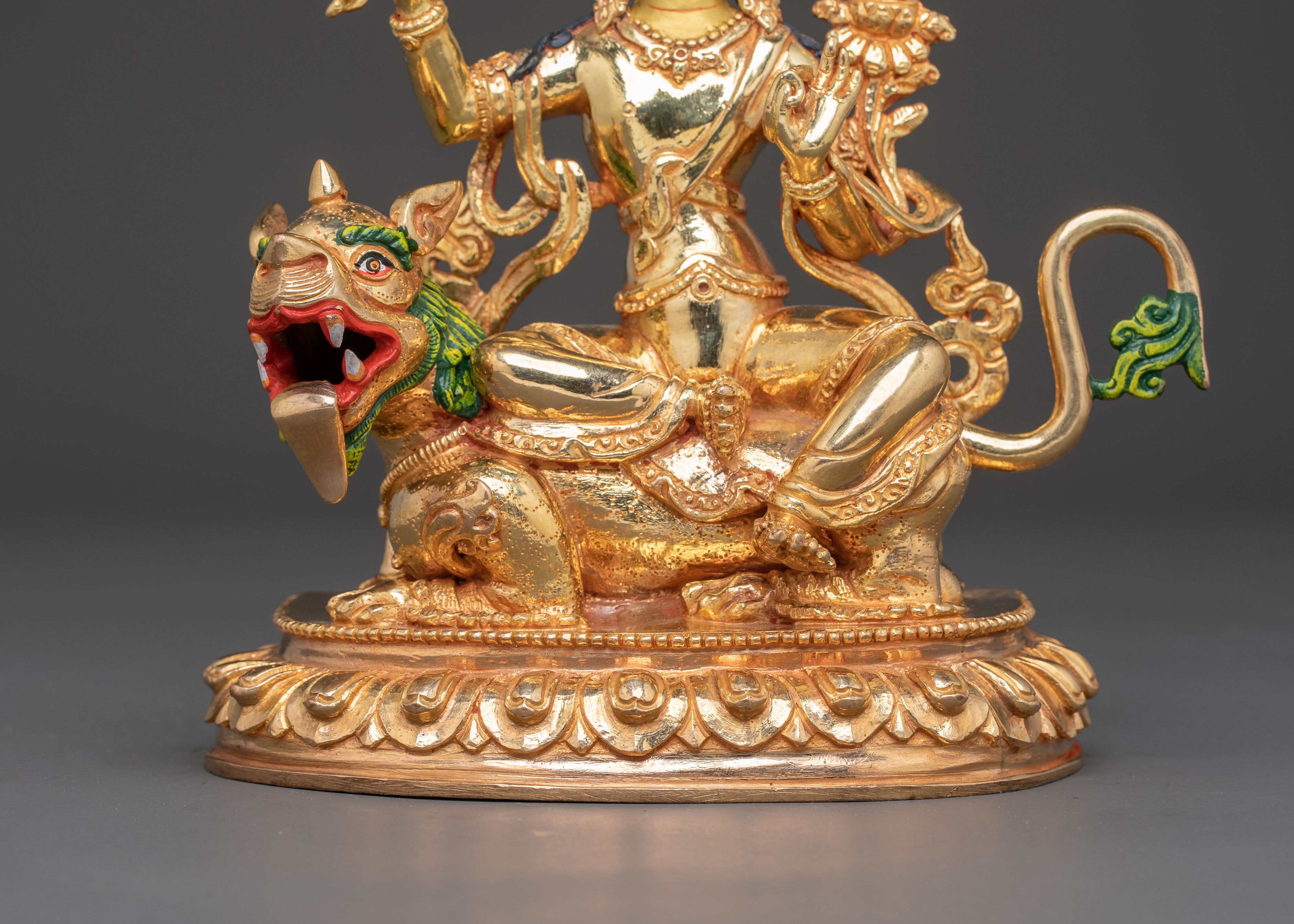 Handmade Simhanada Manjushri Golden Statue - Radiant Wisdom Art