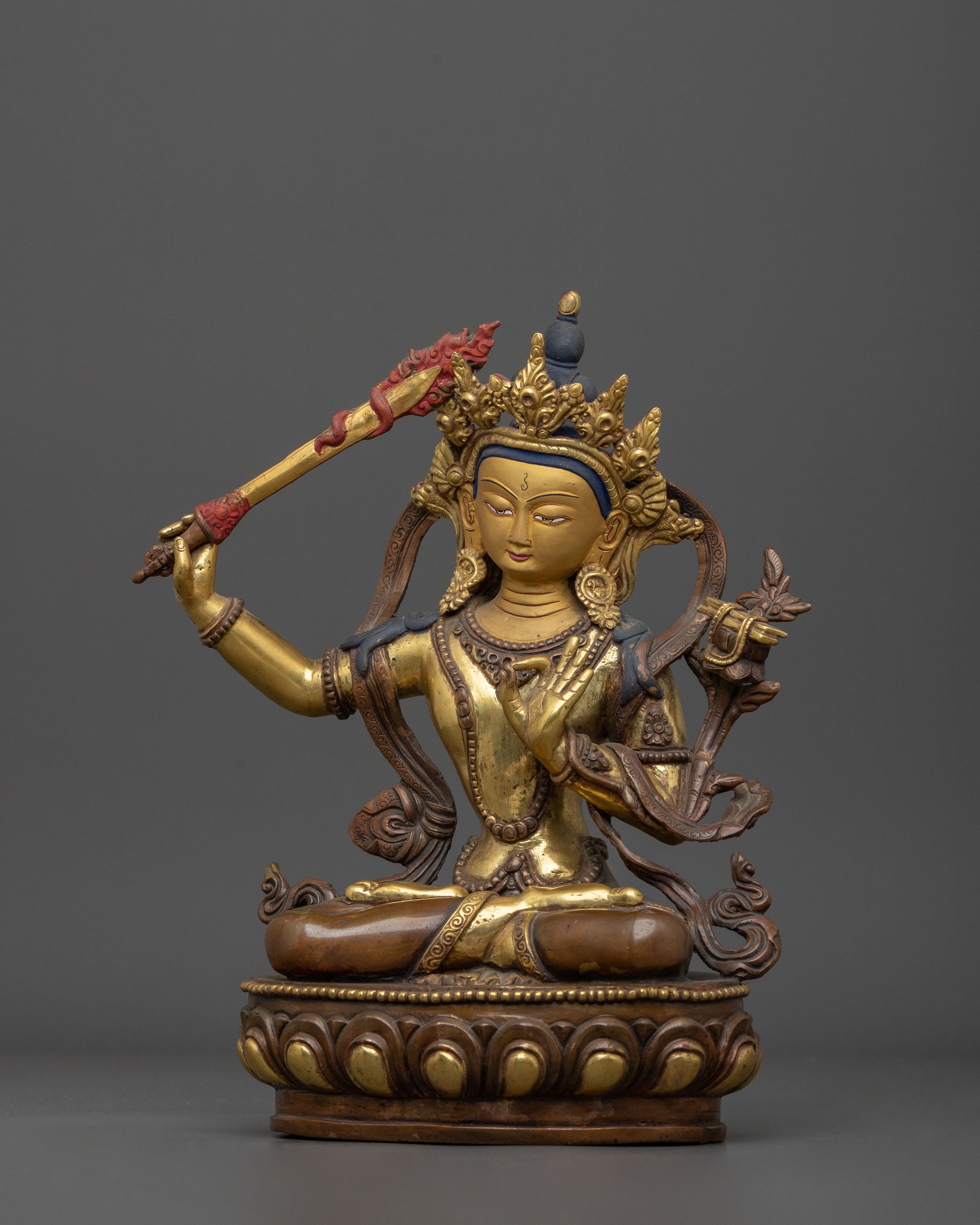 Manjushri Sacred Statue for Altar - 24K Gold Gilded