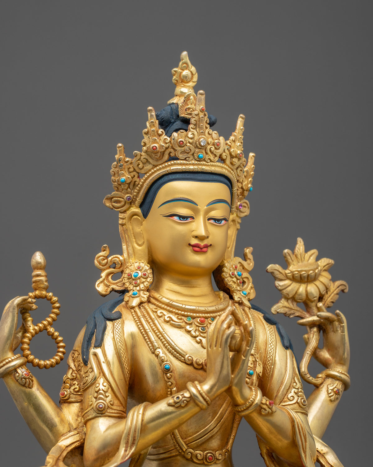 Handmade Chenrezig Copper Sculpture | 24K Gold Glided