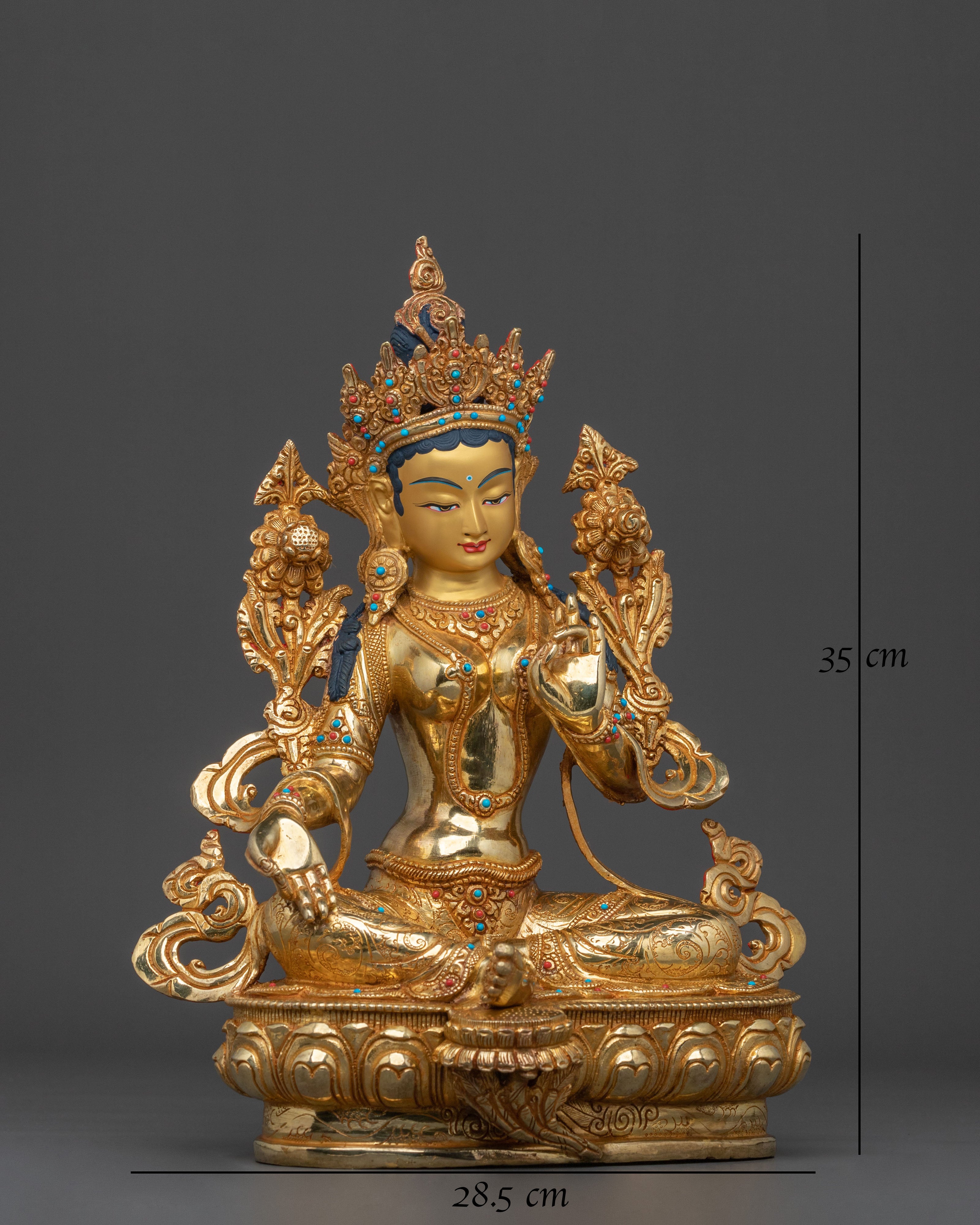 Green Tara Statue: 24K Gold Gilded Buddhist Goddess