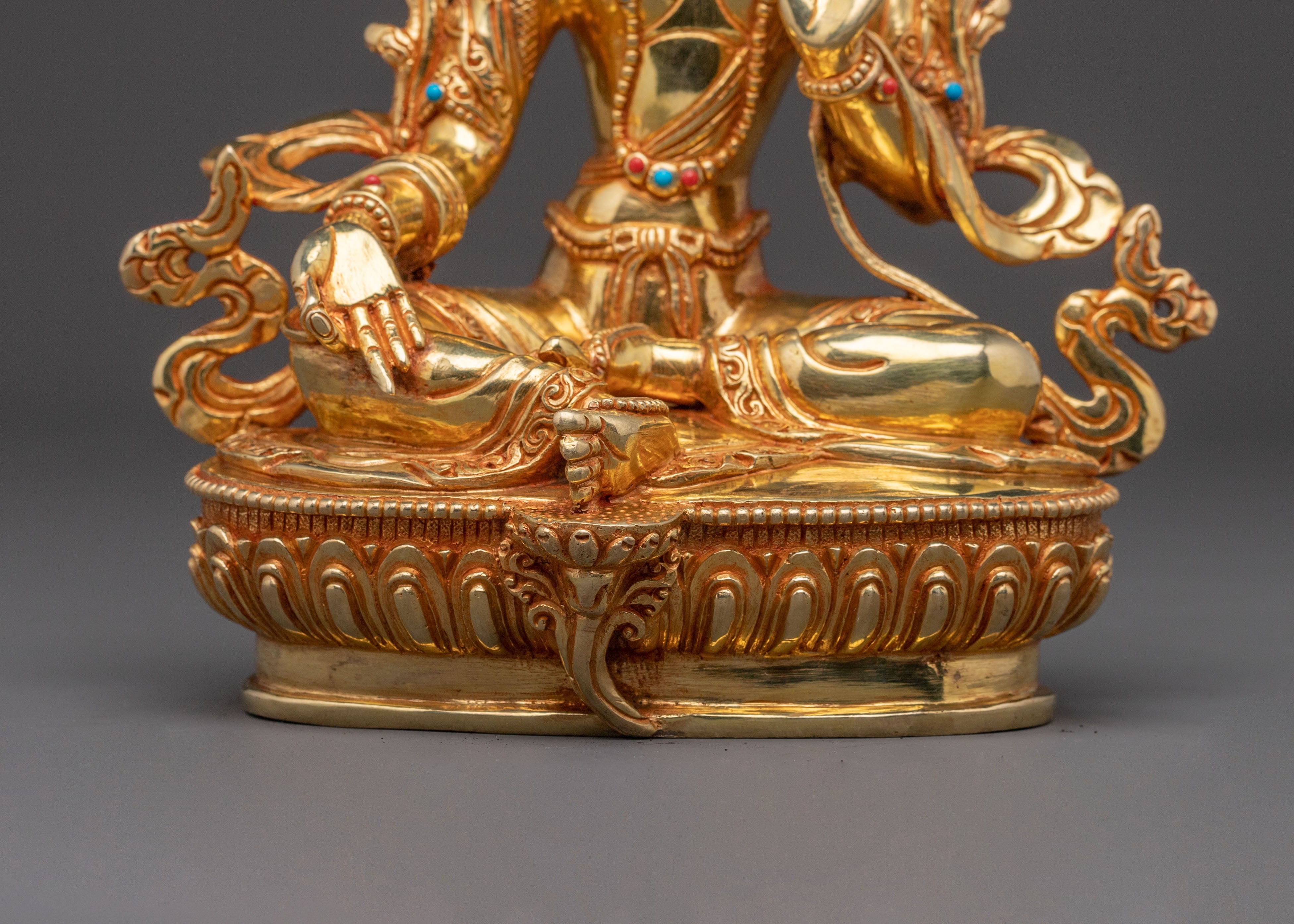Gold Glided Green Tara Statue - Handcrafted Copper Artwork