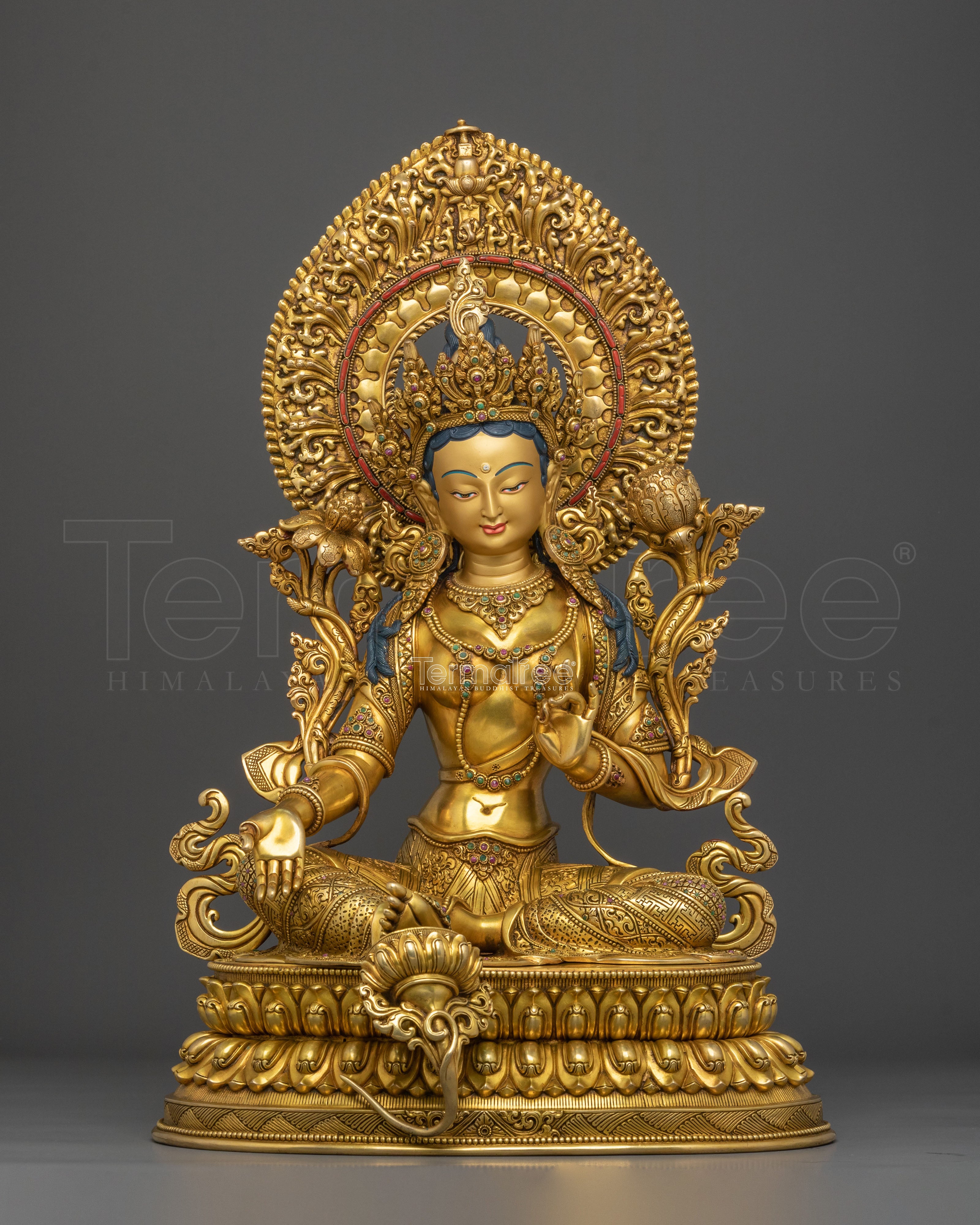 Tibetan Goddess Sculpture of Green Tara | 24K Gold Gilded Compassion Statue