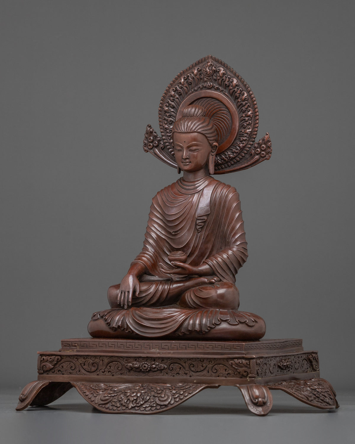 Shakyamuni Buddha Oxidized Statue on Throne | Home Decor