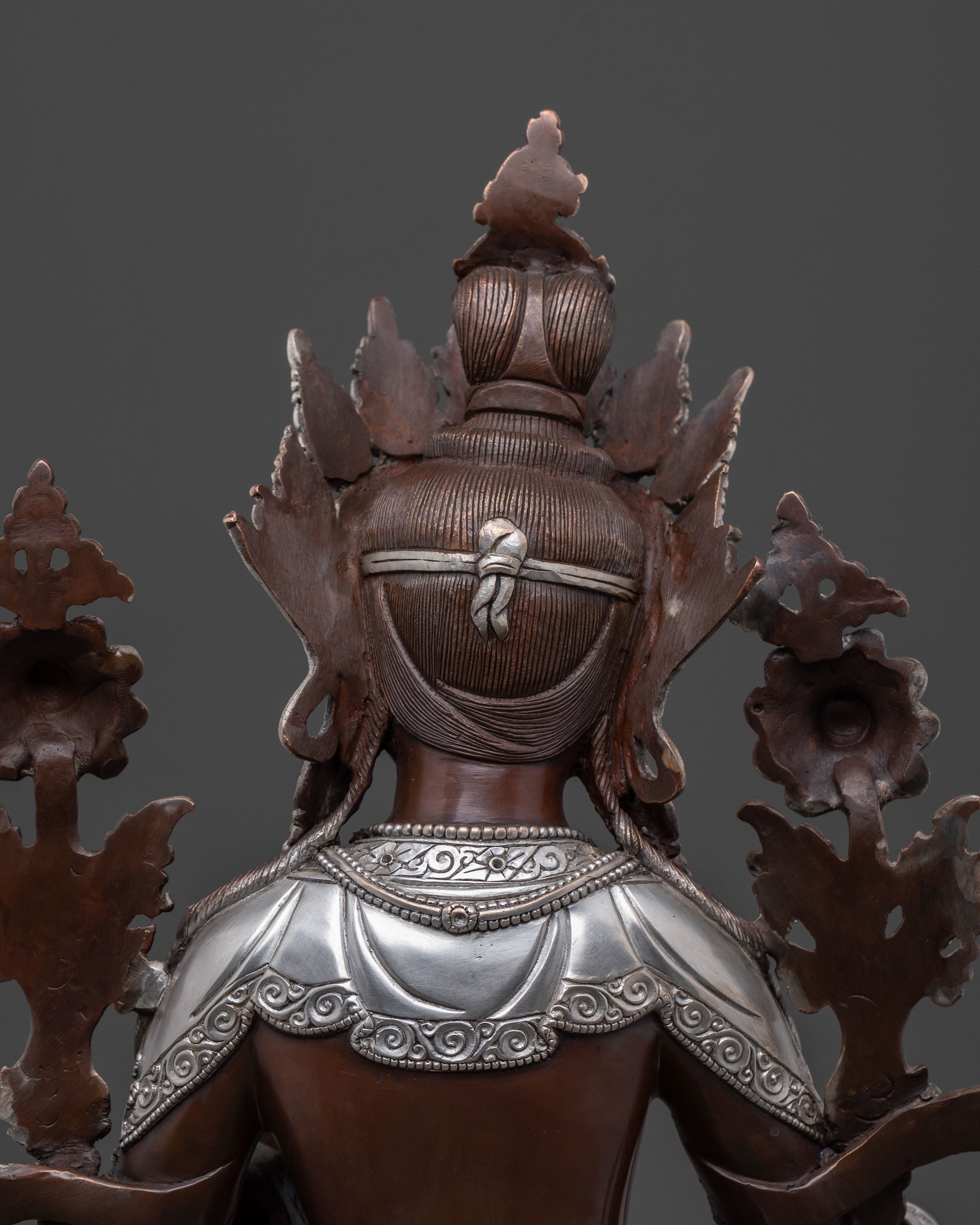 Green Tara: Oxidized Copper Statue with Silver Plated