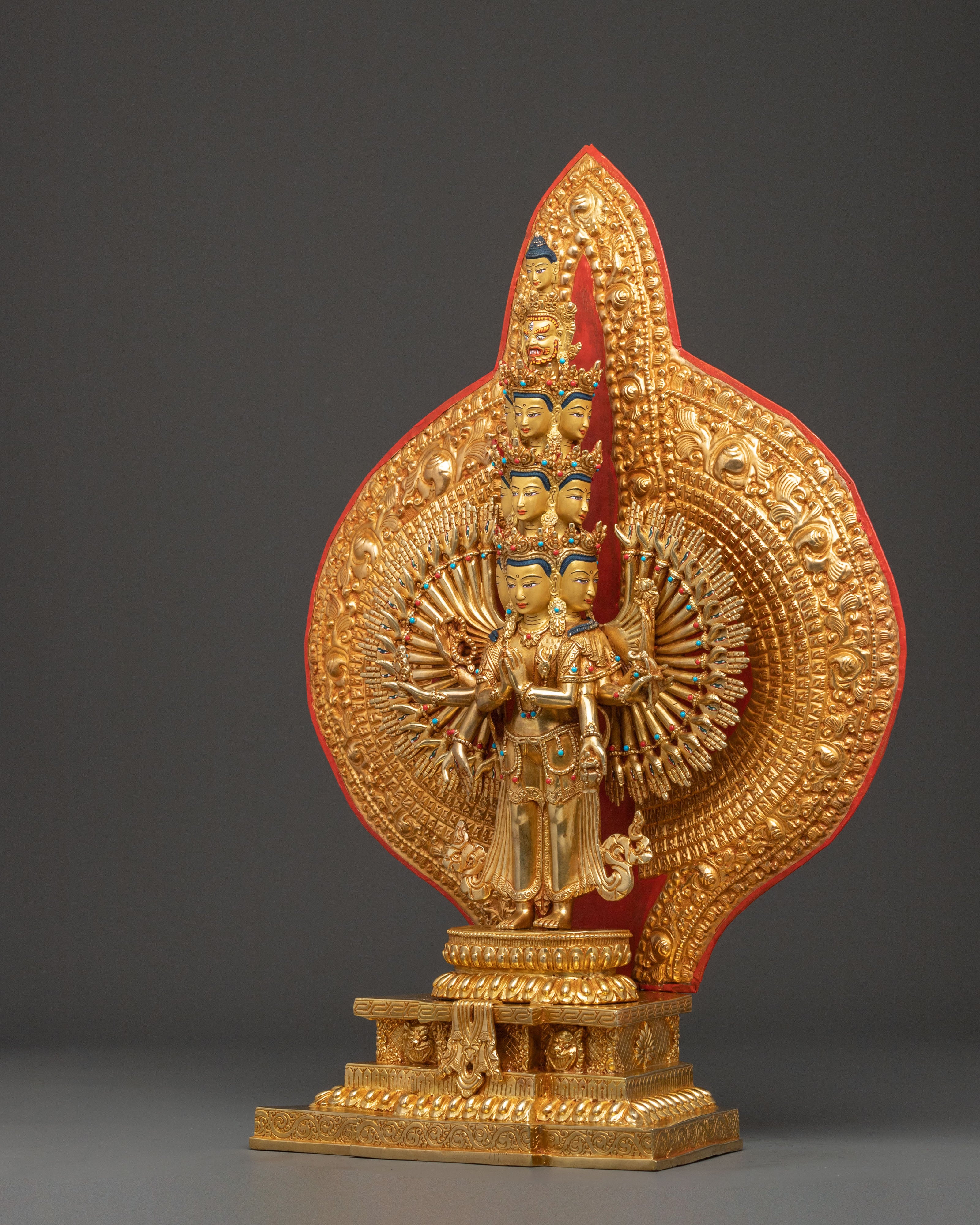 1000 Armed Chenrezig Statue | 24k Gold Glided with Gemstone Inlay