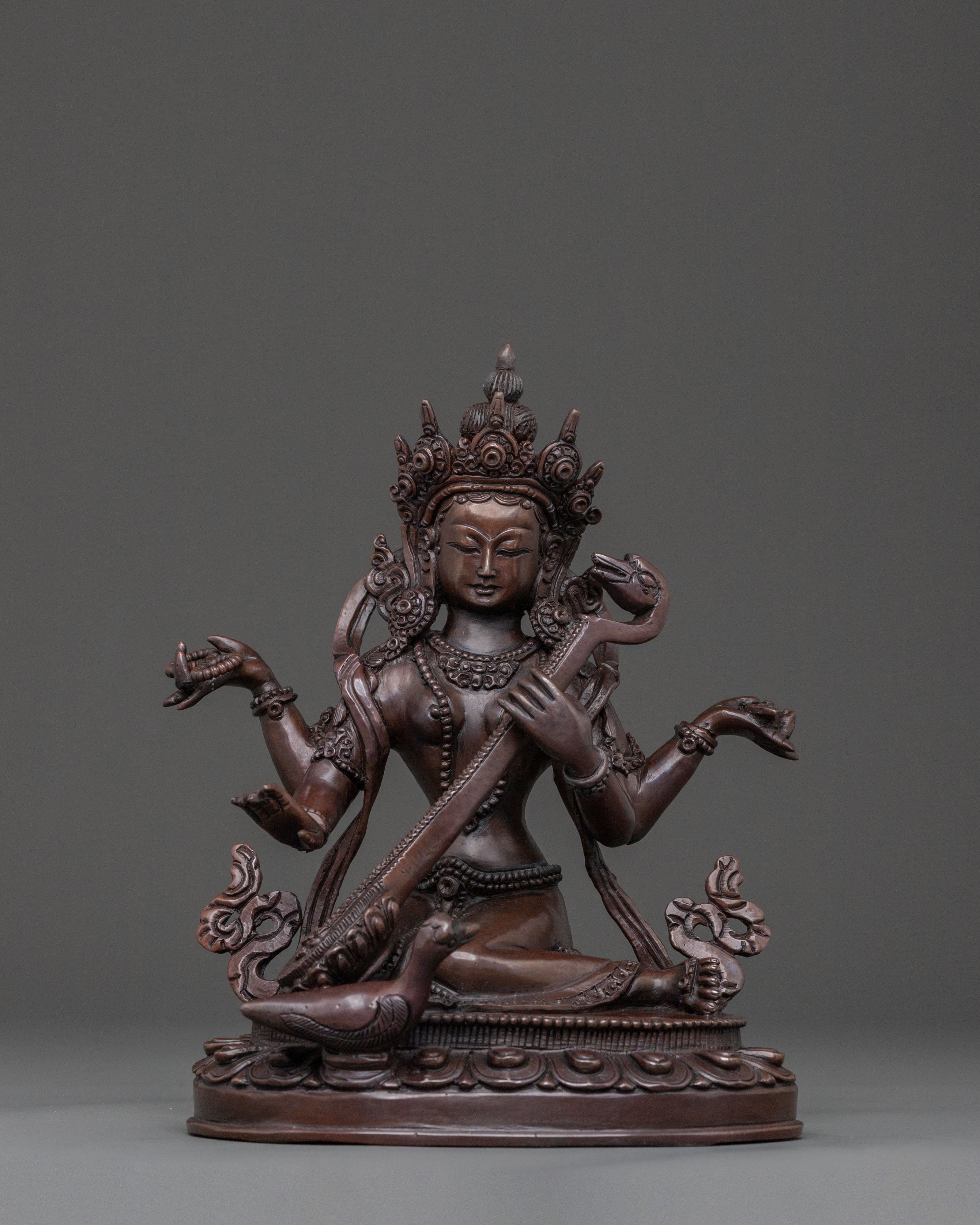 Saraswati Devi Spiritual Statue in Oxidized Copper