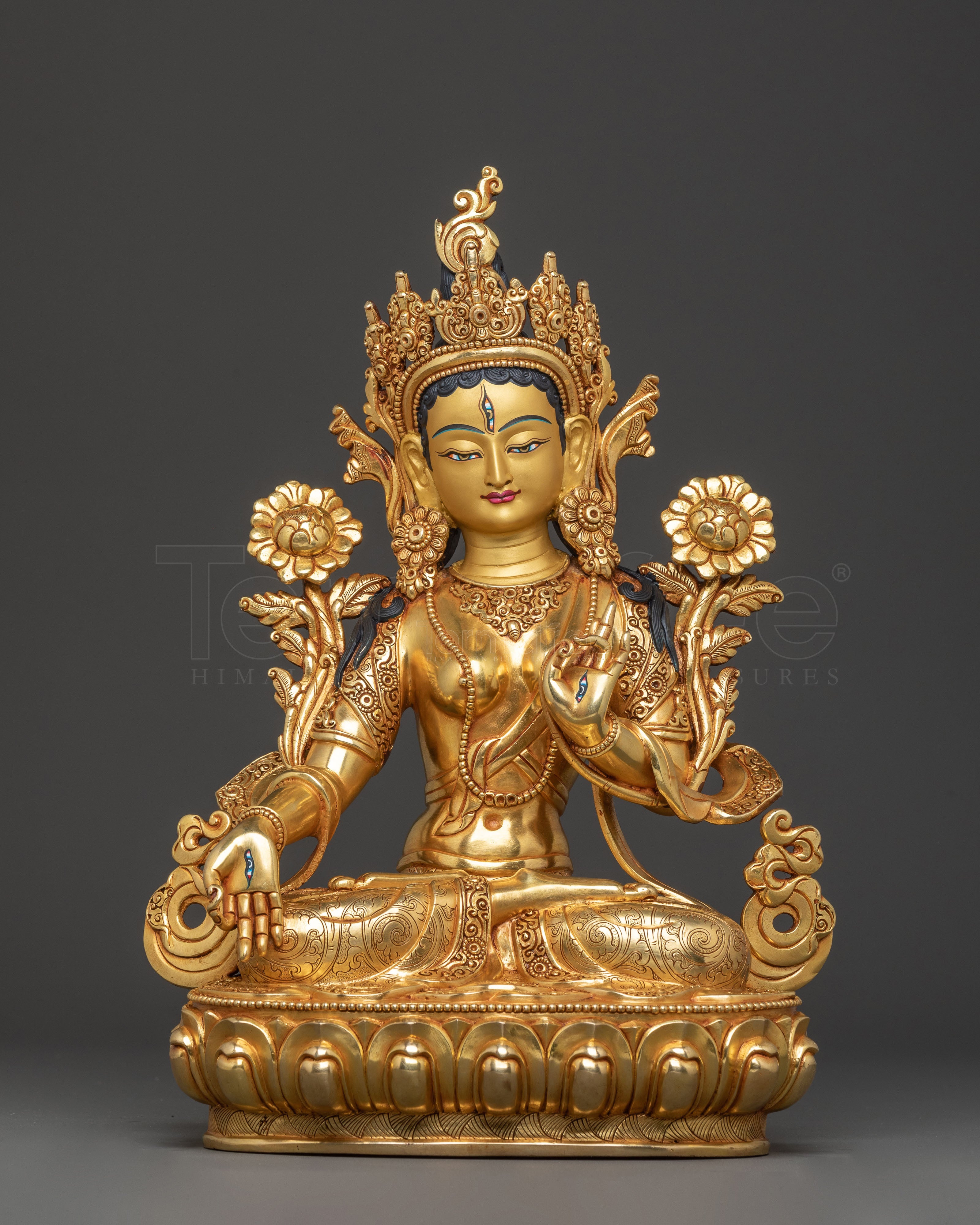 White Tara Meditation Deity Statue: 24K Gold Gilded Masterpiece