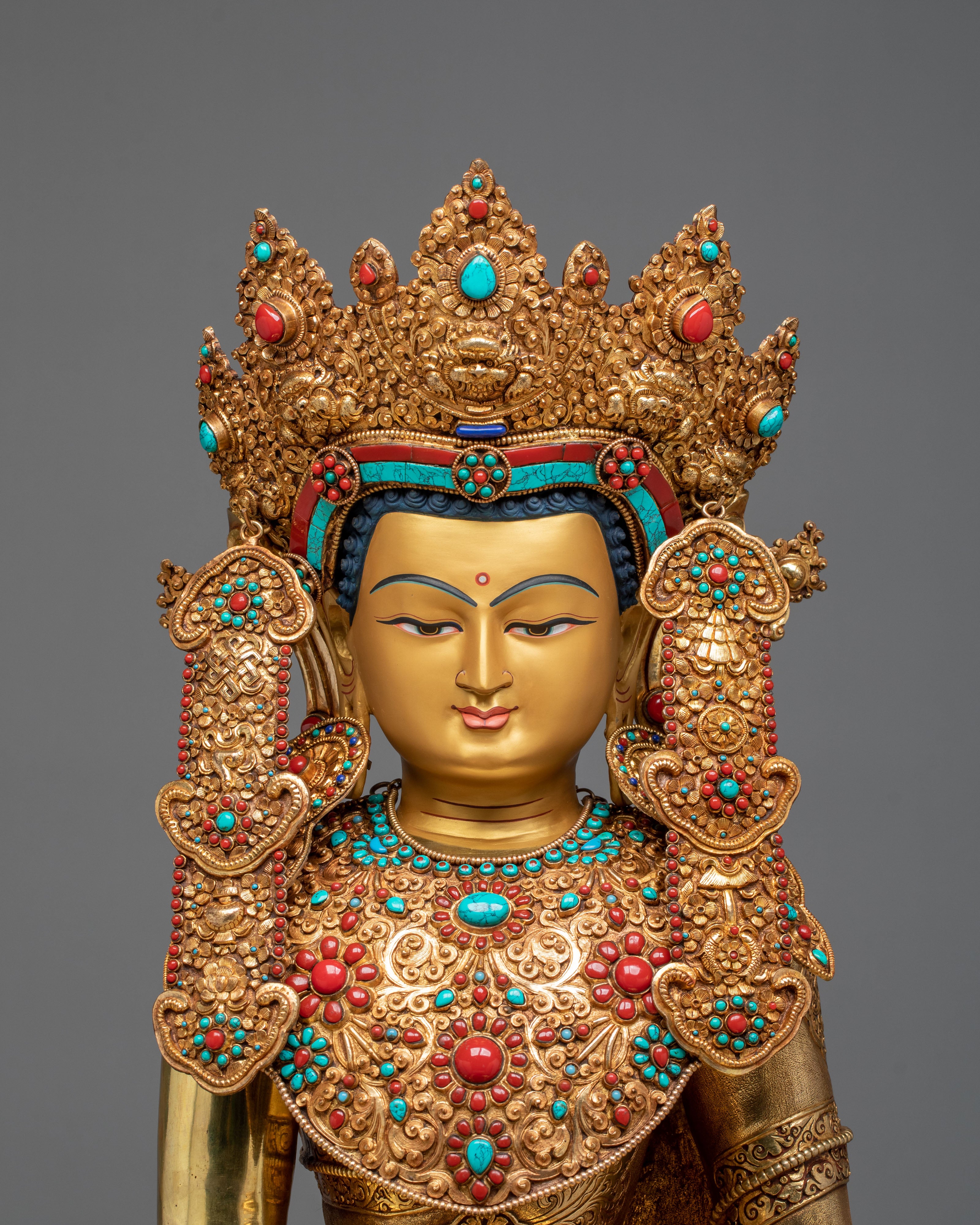 Crown Shakyamuni Buddha Golden Figurine on Throne