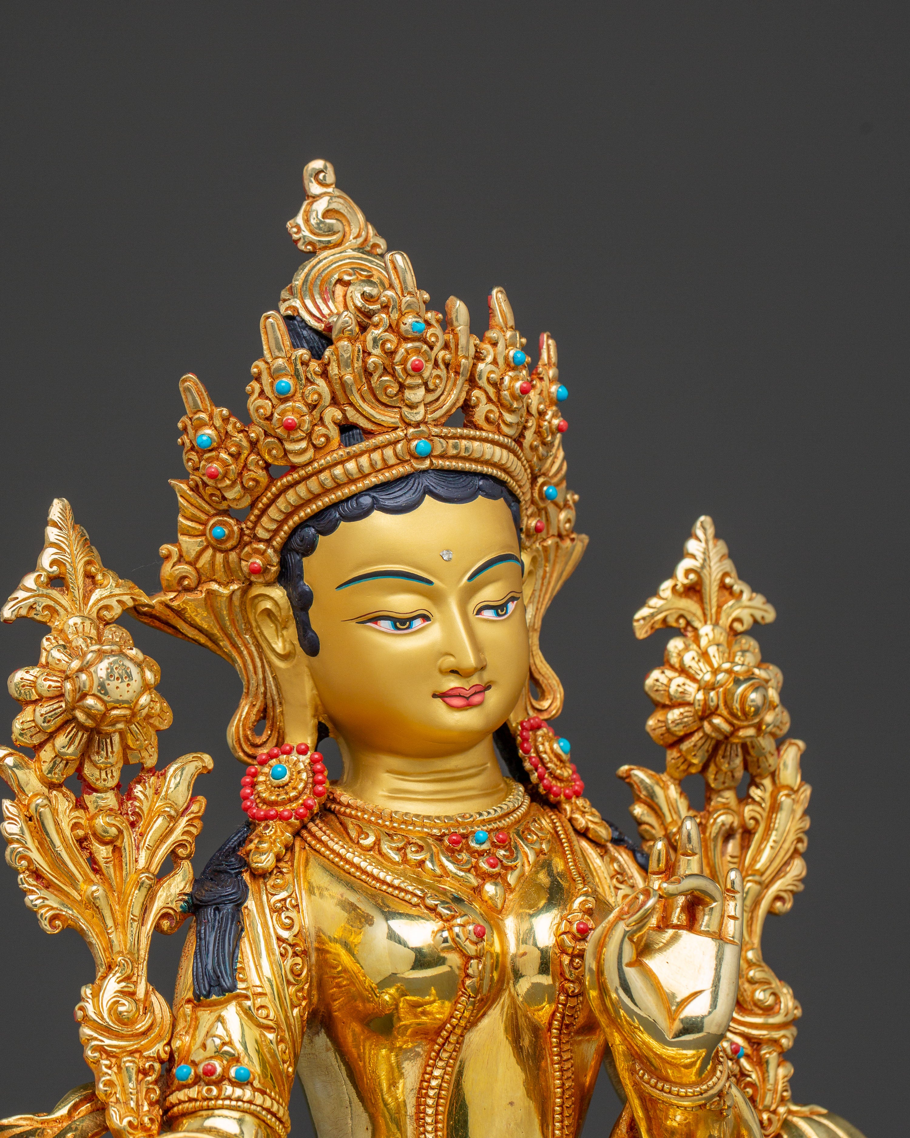 Green Tara 24K Gold Gilded Copper Statue