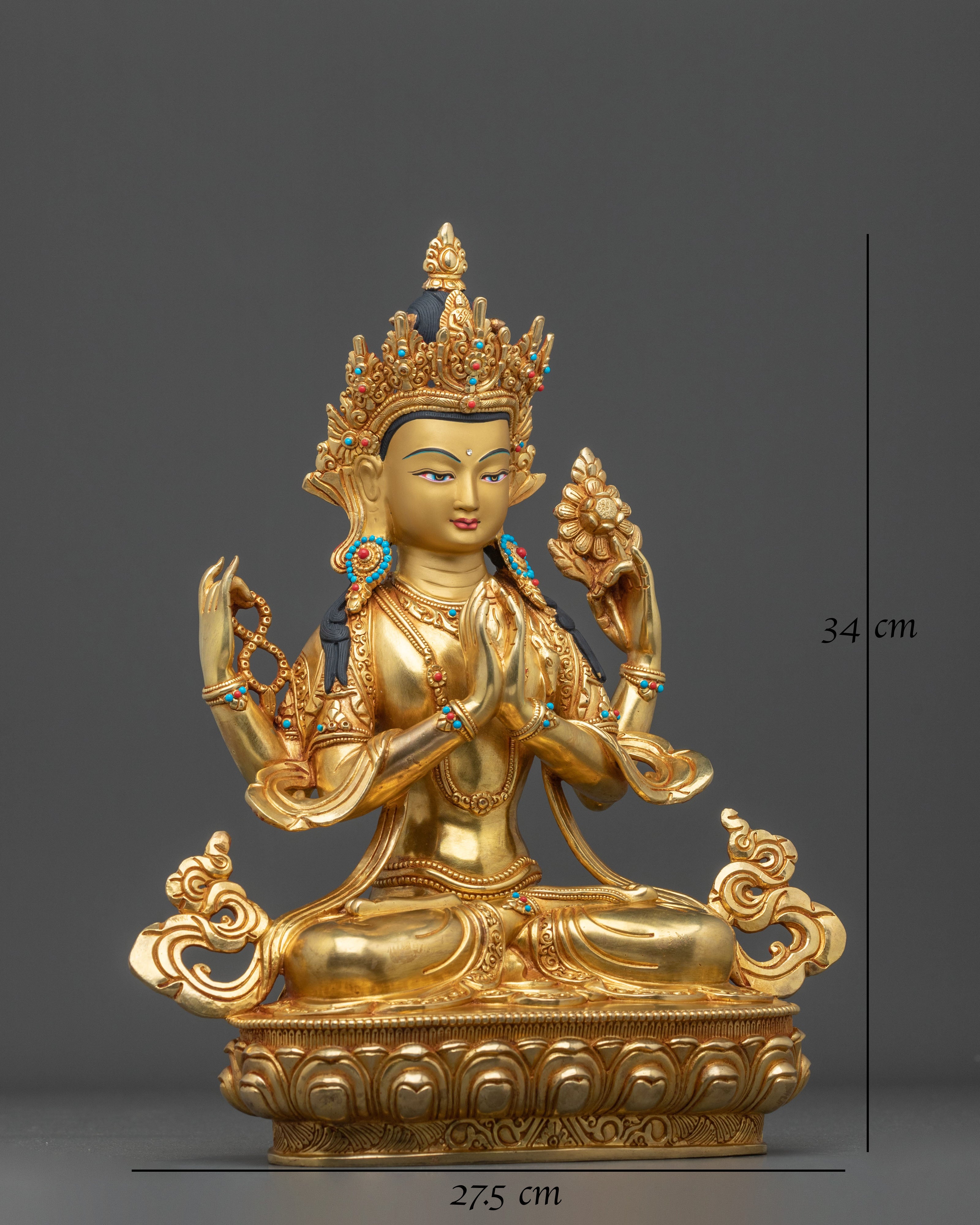 Four-Armed Chenrezig 24K Gold Gilded Statue | Compassionate Radiance