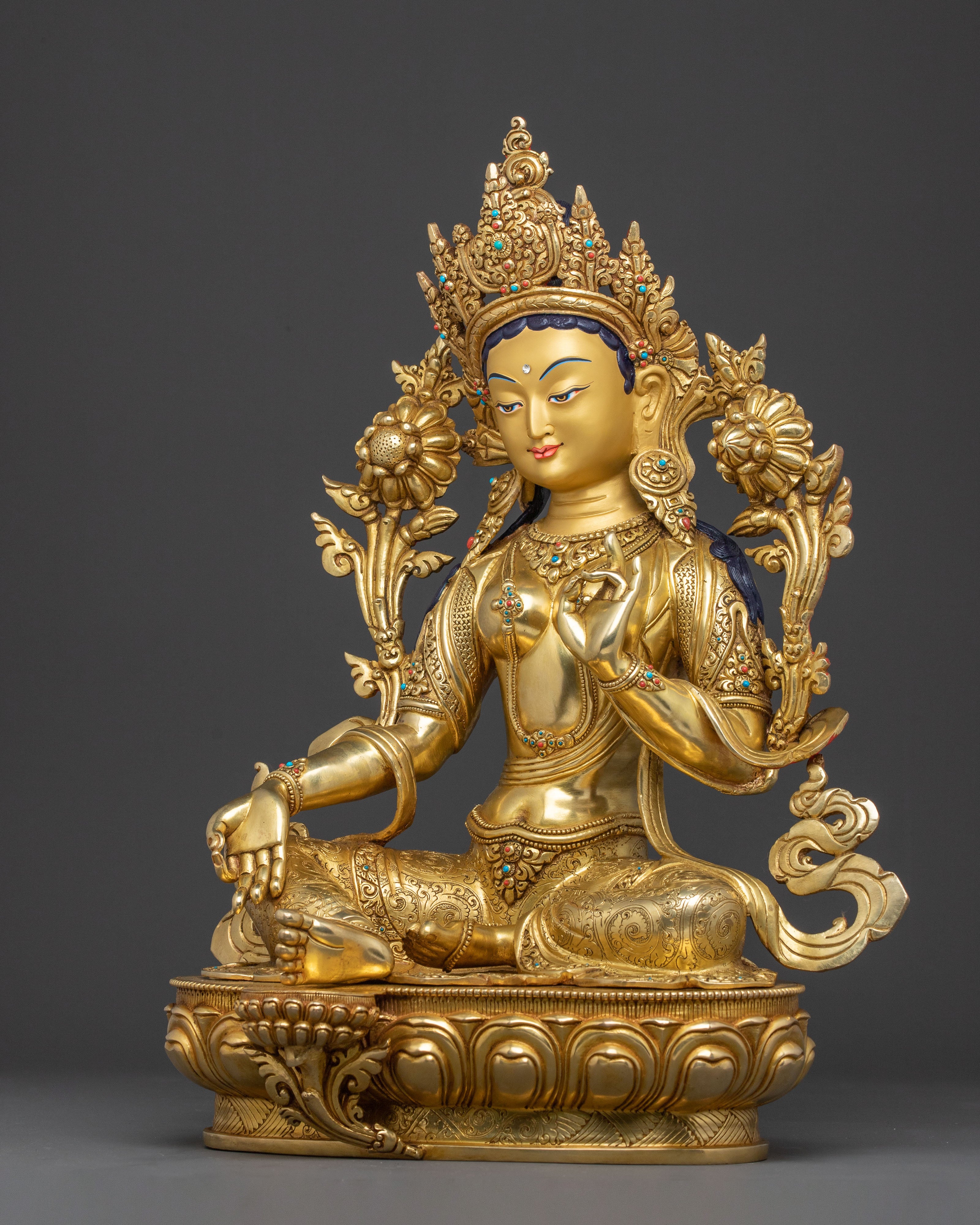 Sacred Green Tara Meditation Statue | Artisanal 24K Gold Gilded