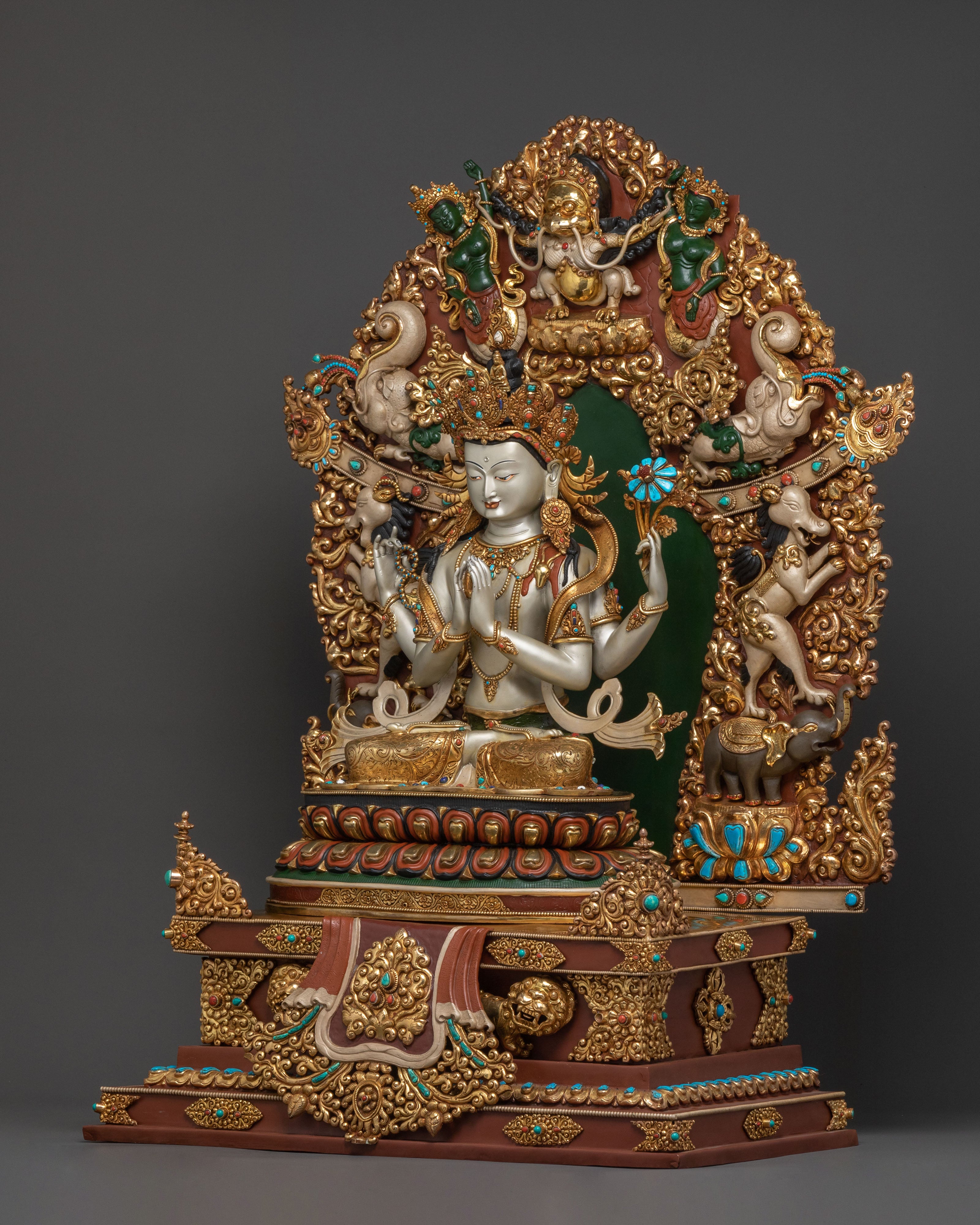 Majestic Chenrezig on Throne Statue with 24k Gold Glided and  Gemstones Inlays