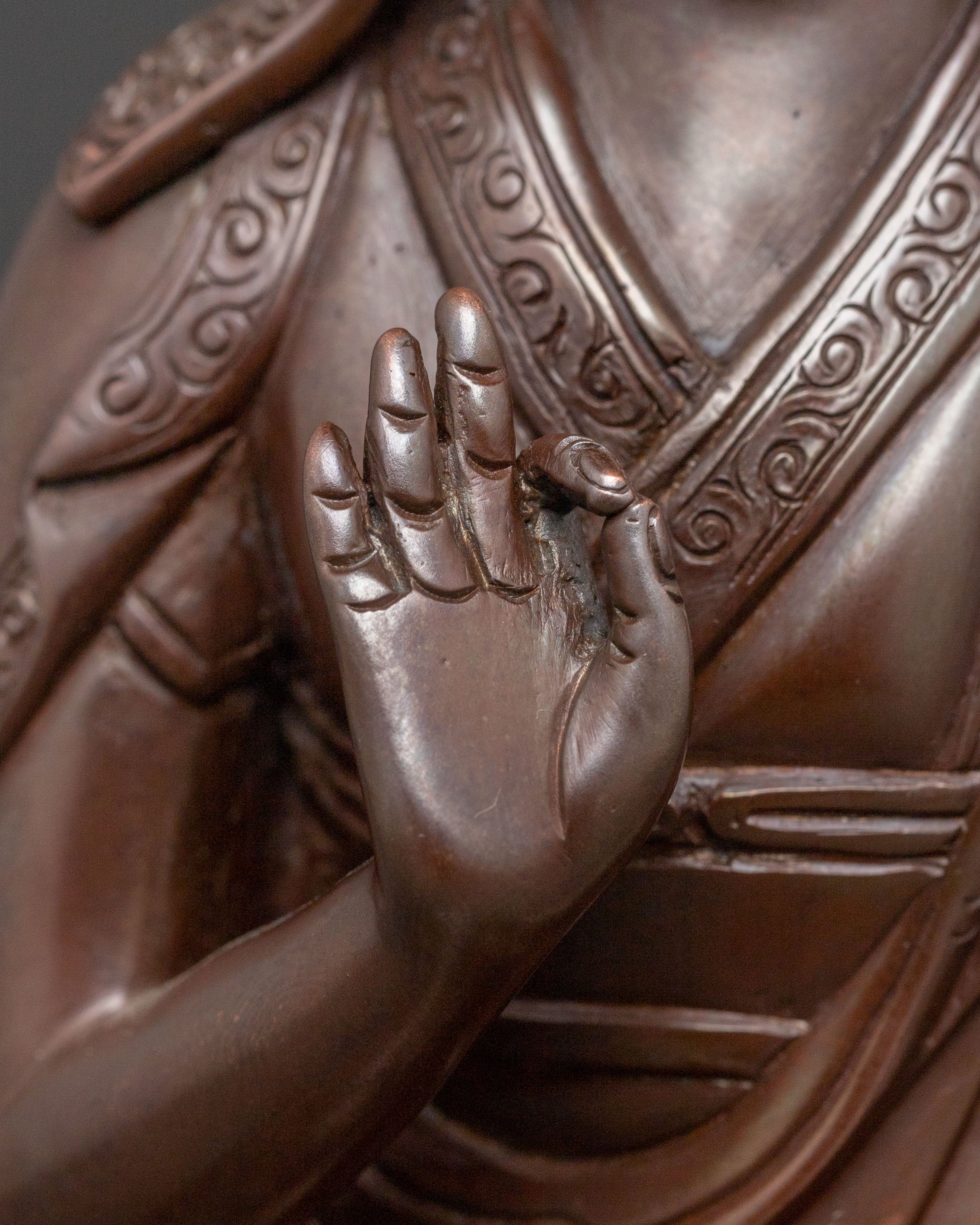 Tsongkhapa Copper Statue with Disciples: Oxidized Finish