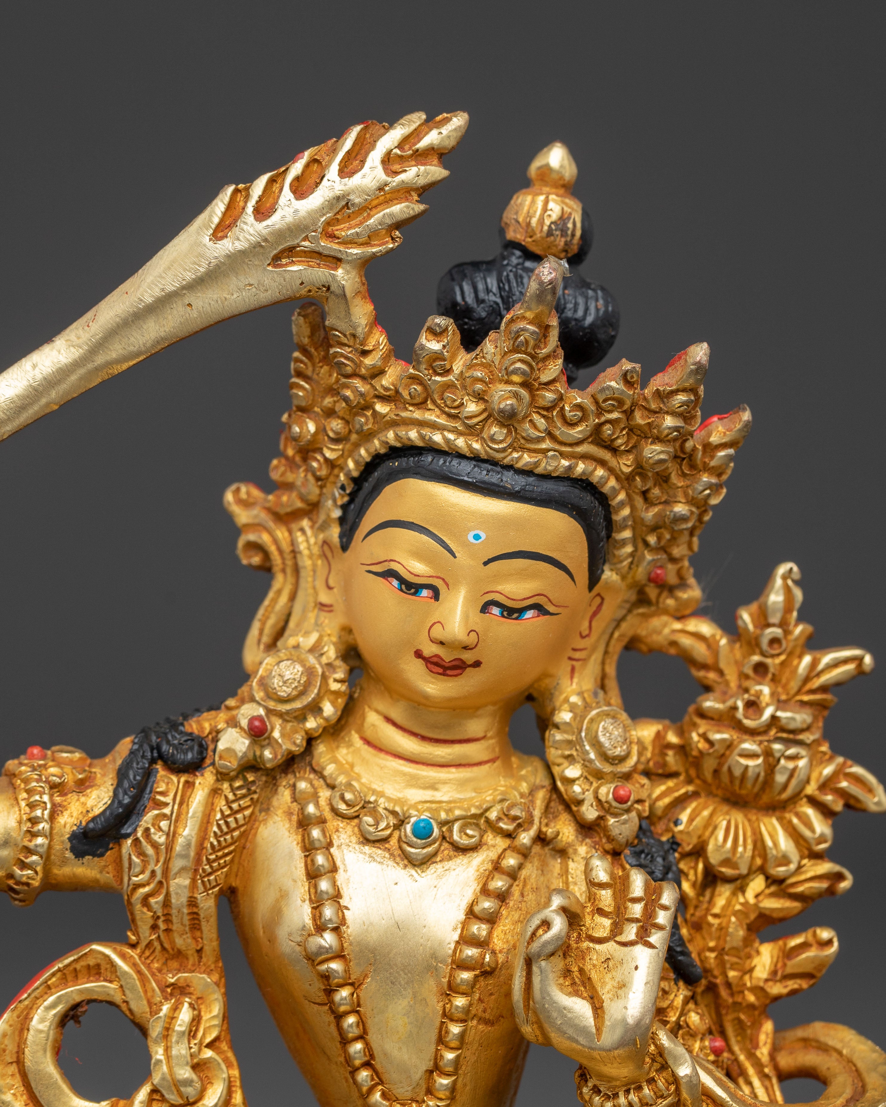 Bodhisatttva Manjushri Handcrafted Statue | 24k Gold Gilded Himalayan Sculpture