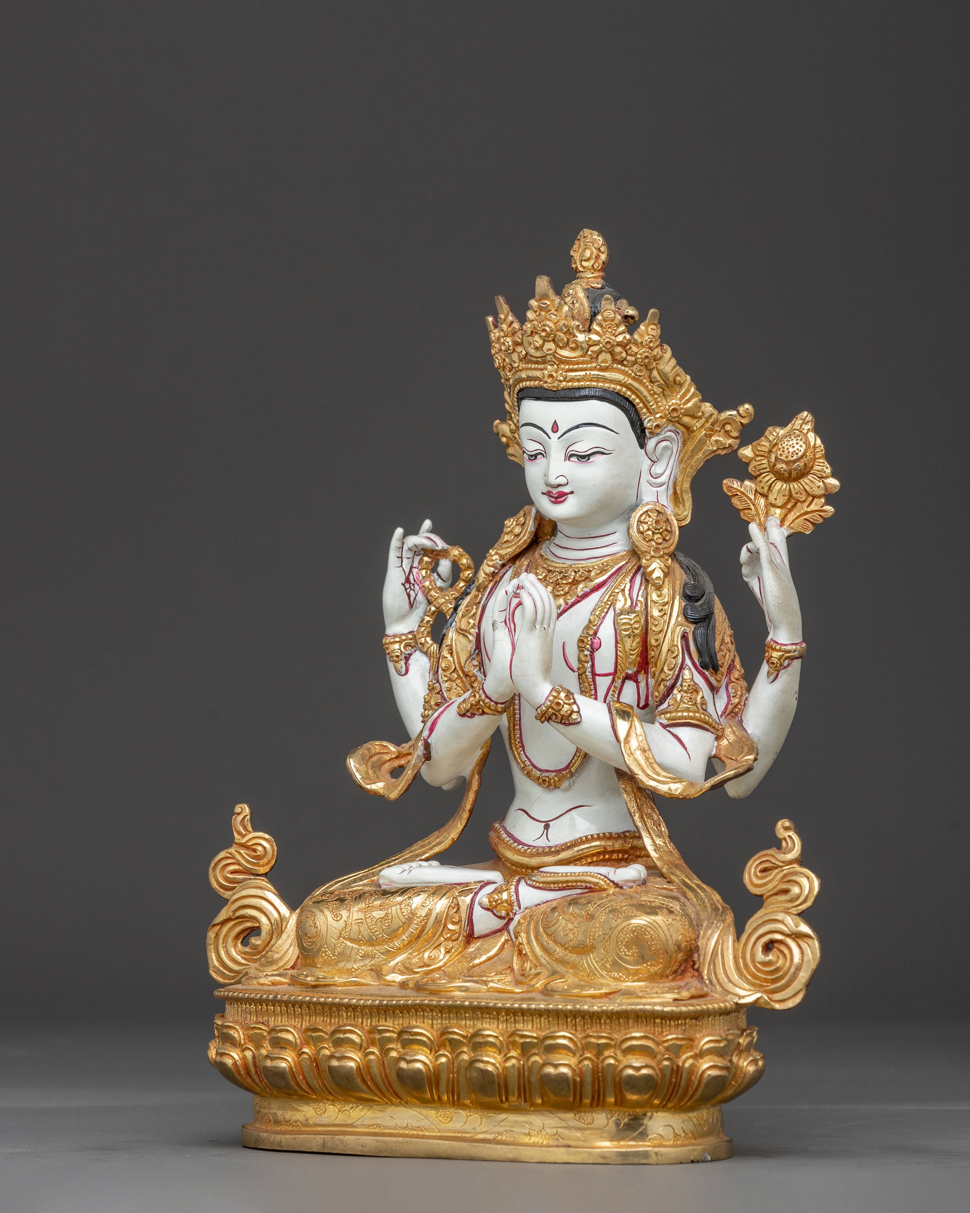 Chenrezig Bodhisattva Golden Statue | Handcrafted Nepalese Copper Sculpture