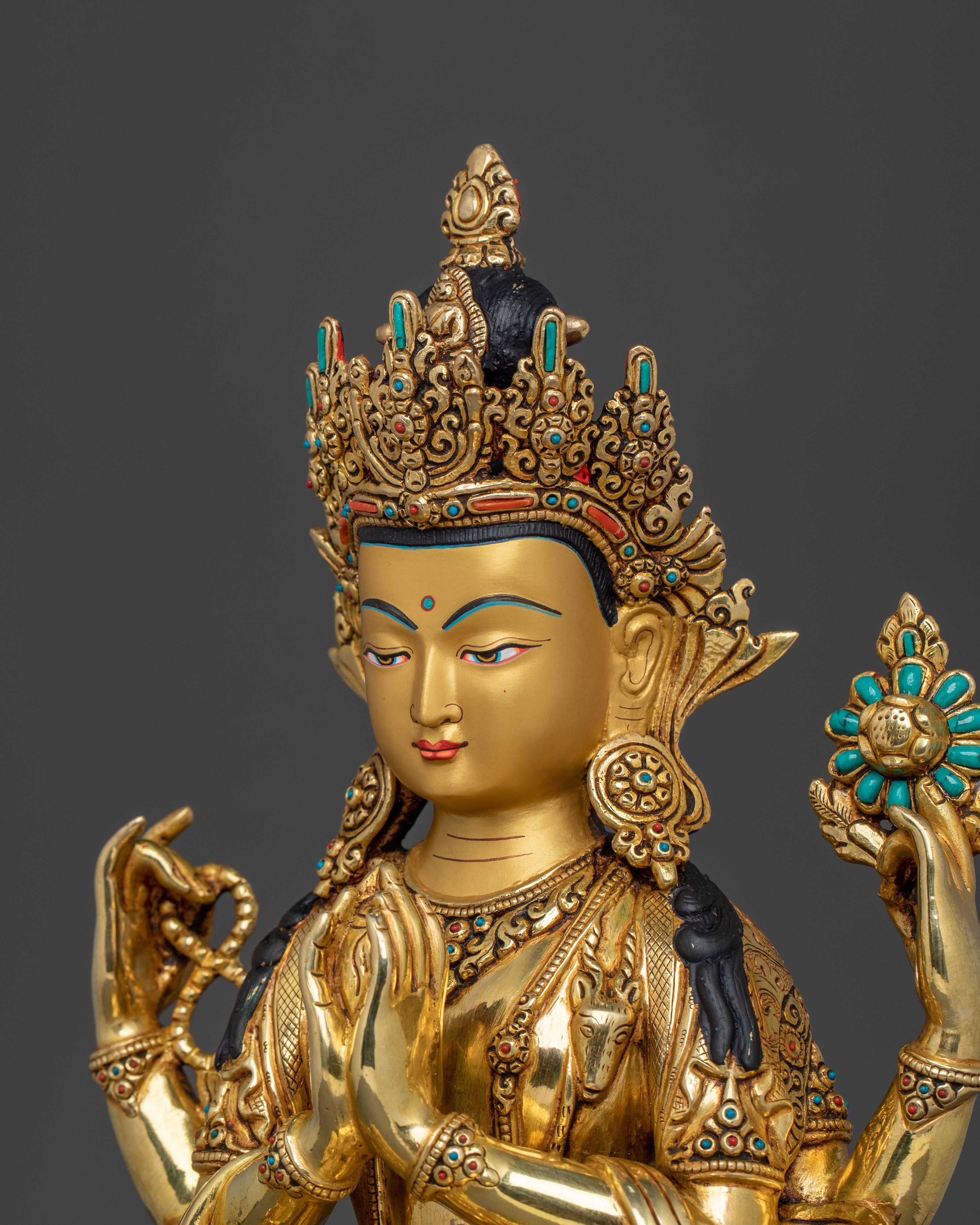 Handcrafted Himalayan Chenrezig Statue with 24K Gold and Fine Gemstones