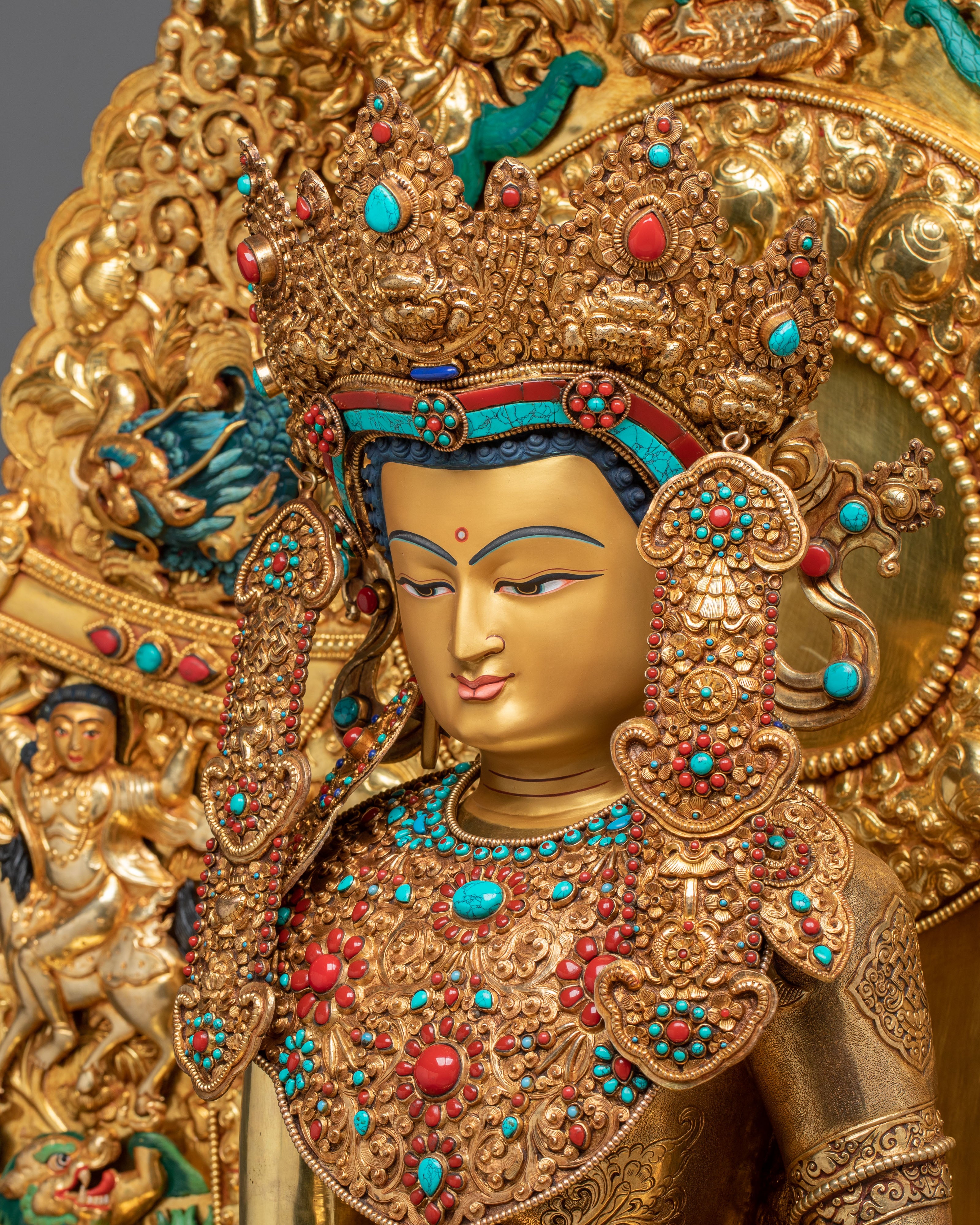 Crown Shakyamuni Buddha Golden Figurine on Throne