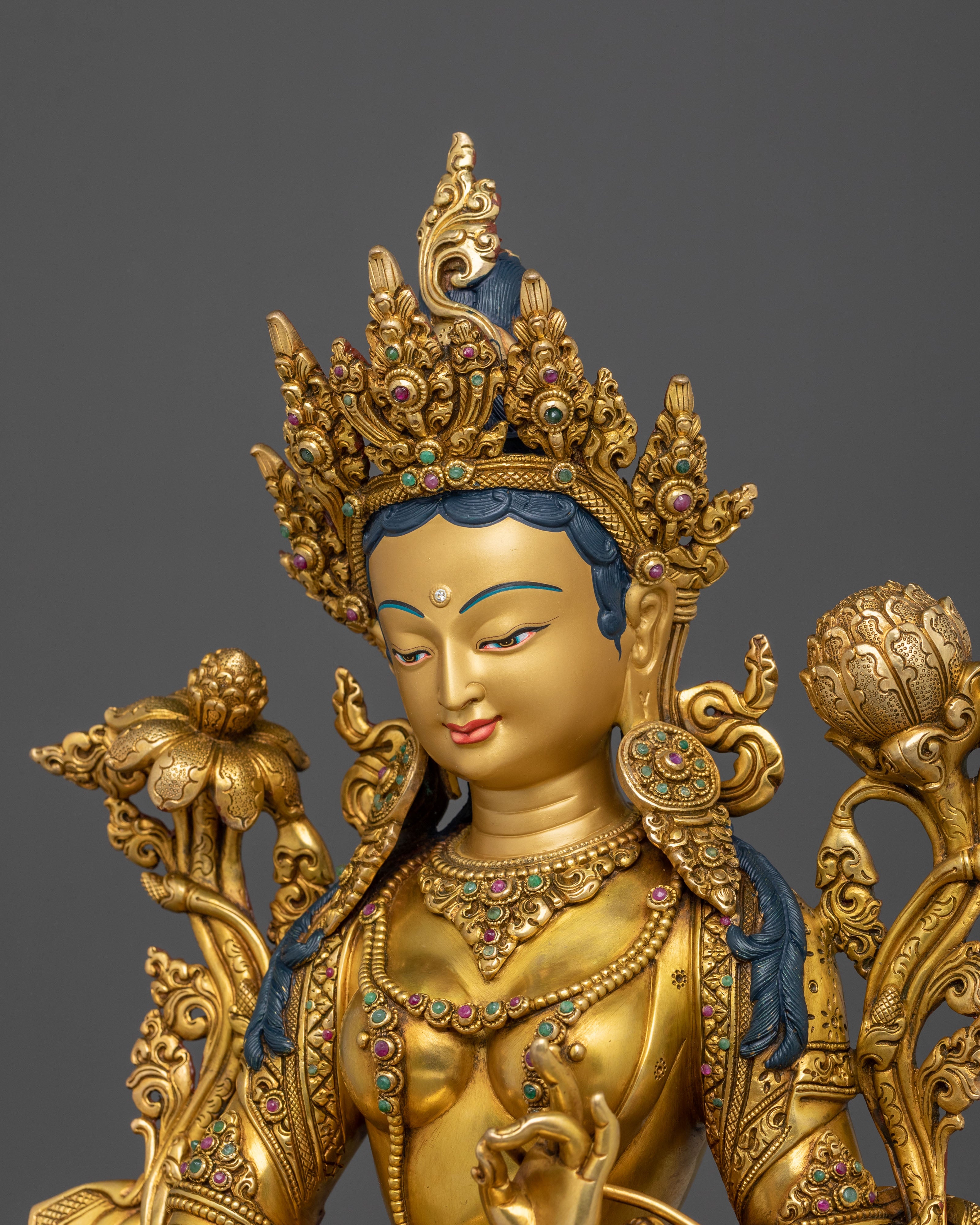 Tibetan Goddess Sculpture of Green Tara | 24K Gold Gilded Compassion Statue