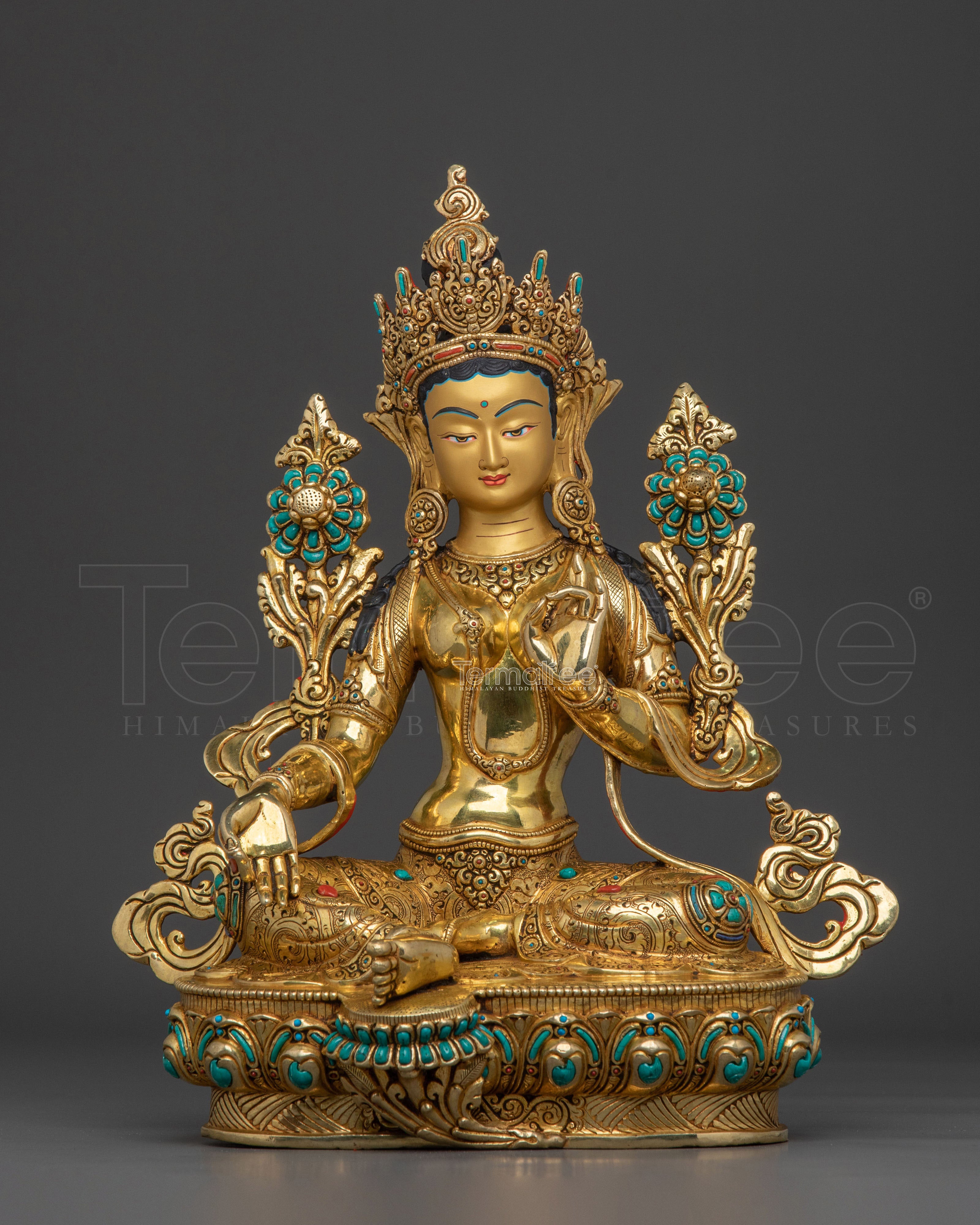 Green Tara Tibetan Buddhist Statue | 24k Gold Glided Buddhist Statue