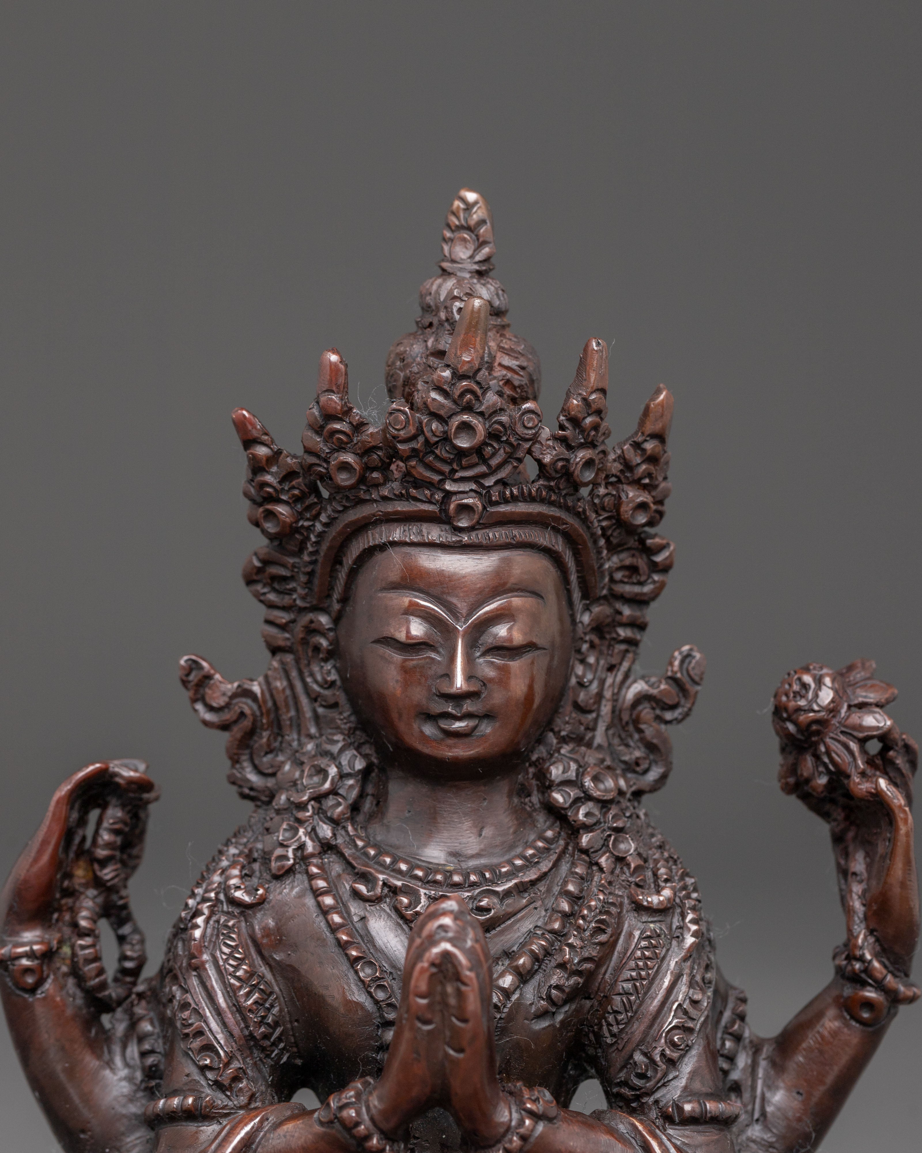 Handcrafted Chenrezig Oxidized Copper Statue | Meditation Altar Decor