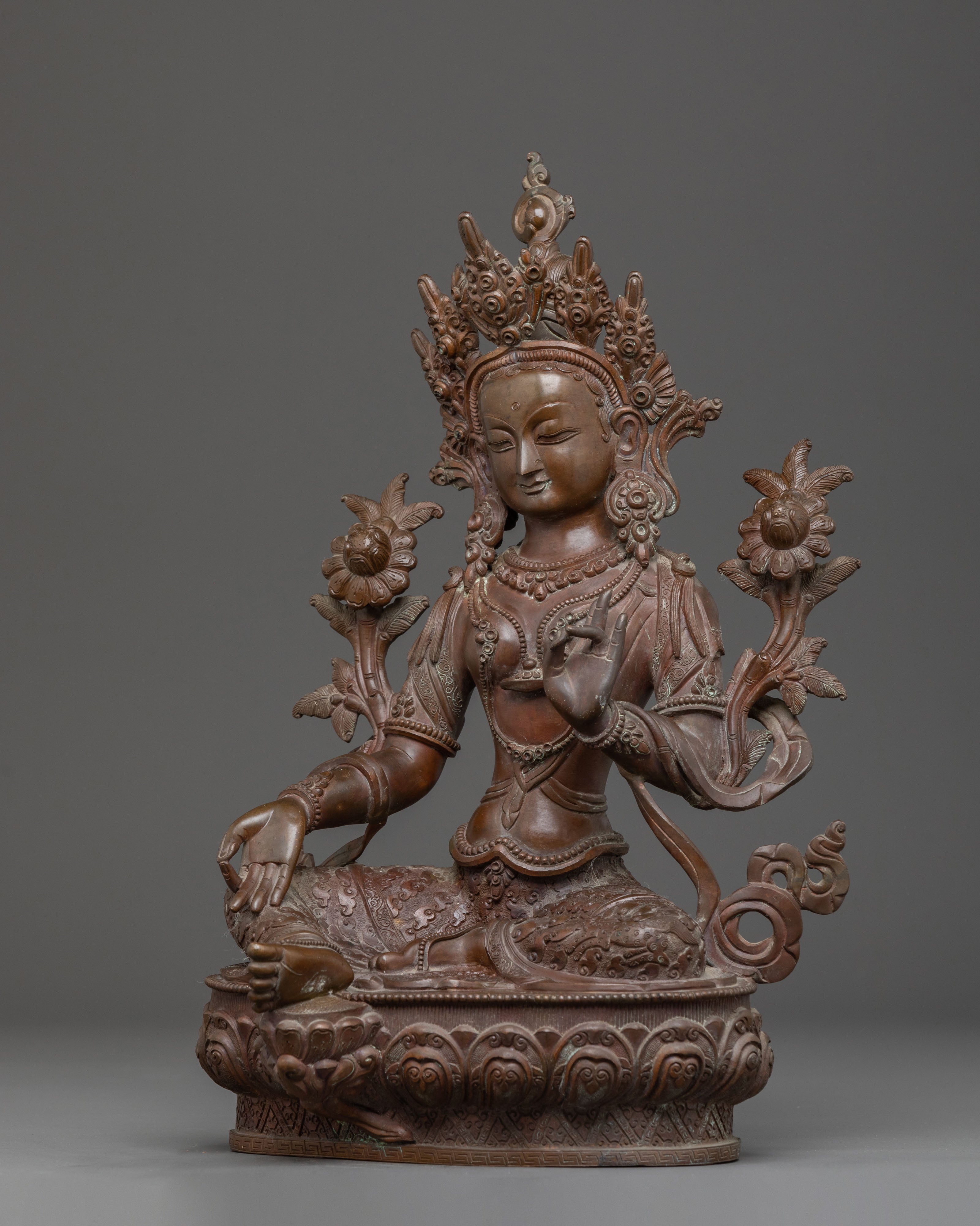 Green Tara Statue Buddhist Compassionate Mother - Antique Oxidized Copper