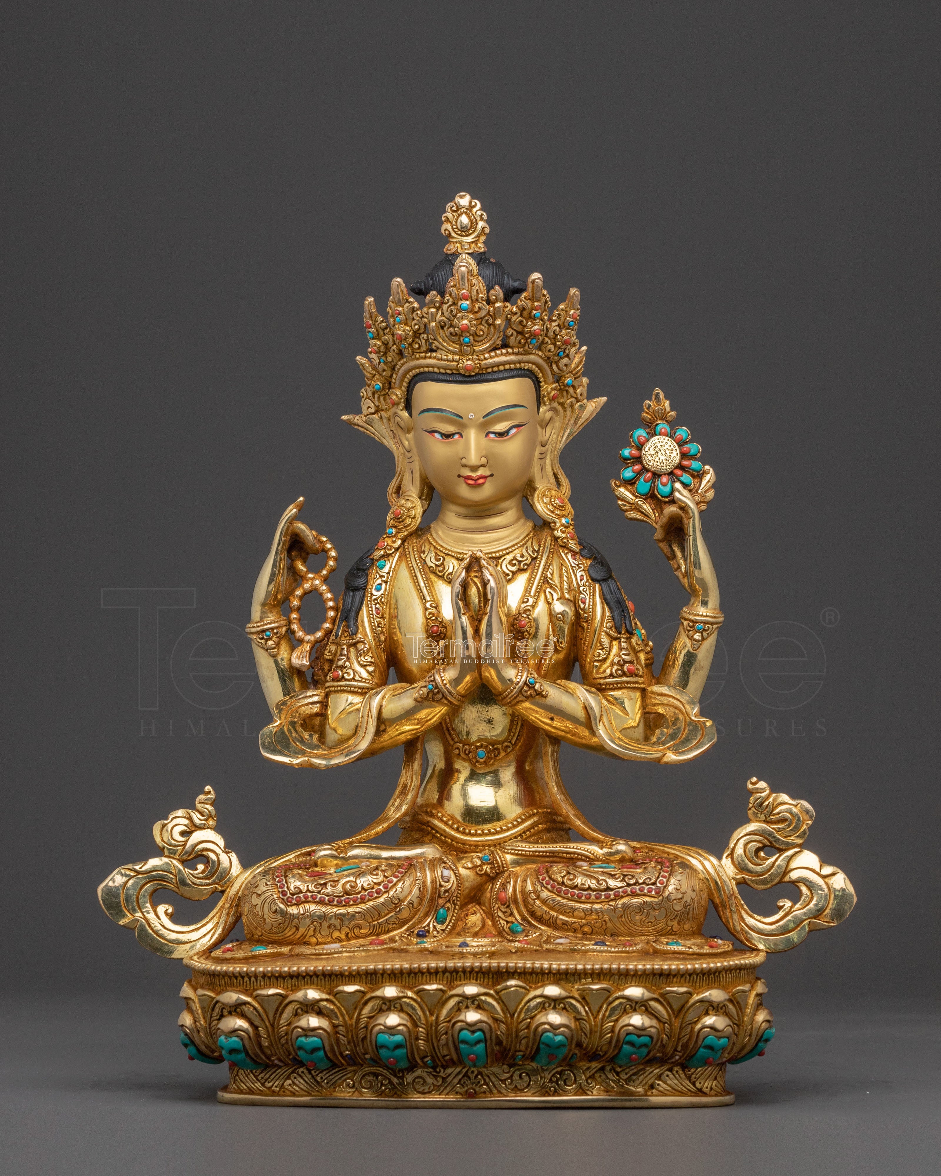 24K Gold Gilded Copper Chenrezig Statue | Patan Artistry