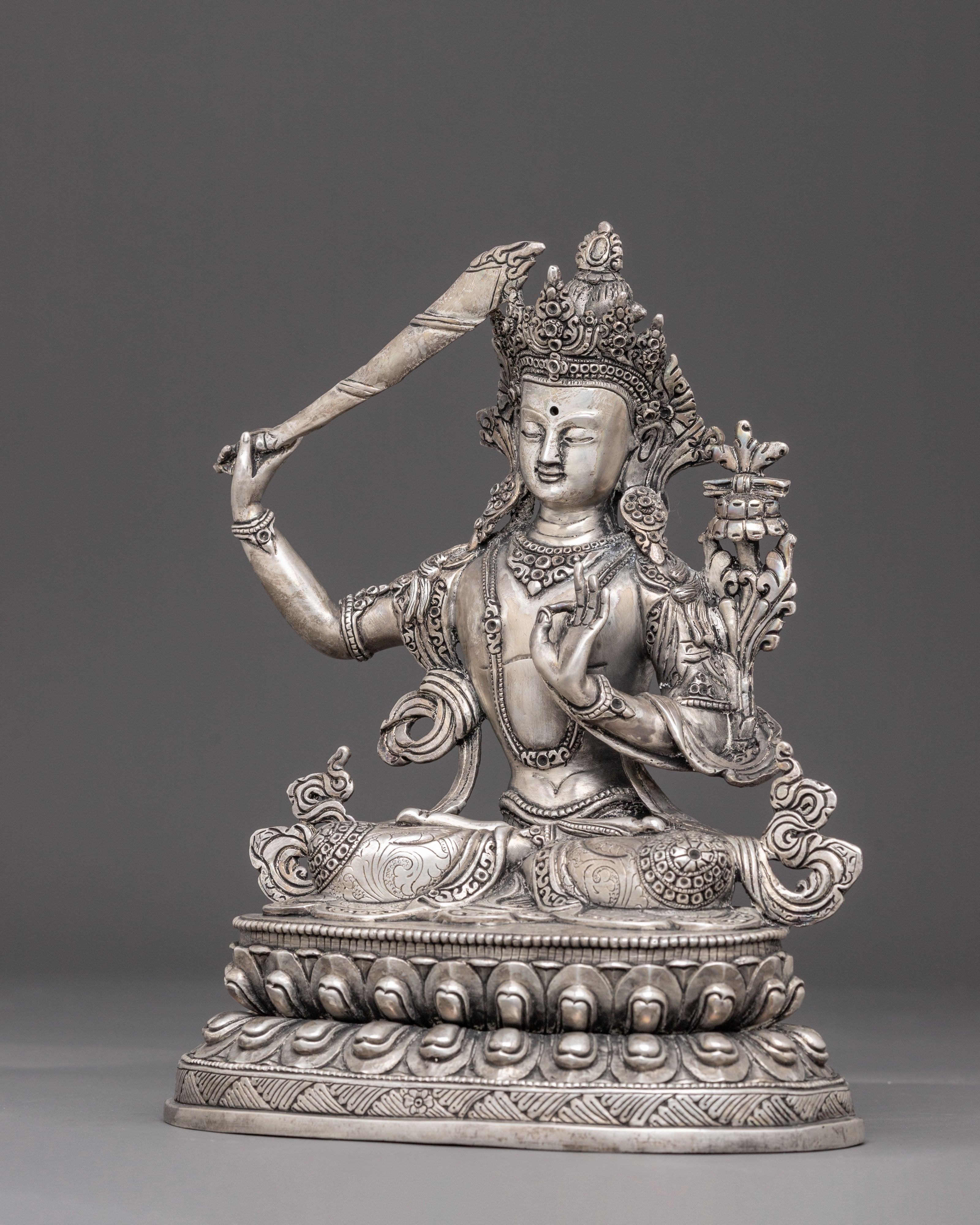 Silver-Plated Bodhisattva Manjushri Statue | Wisdom's Beacon