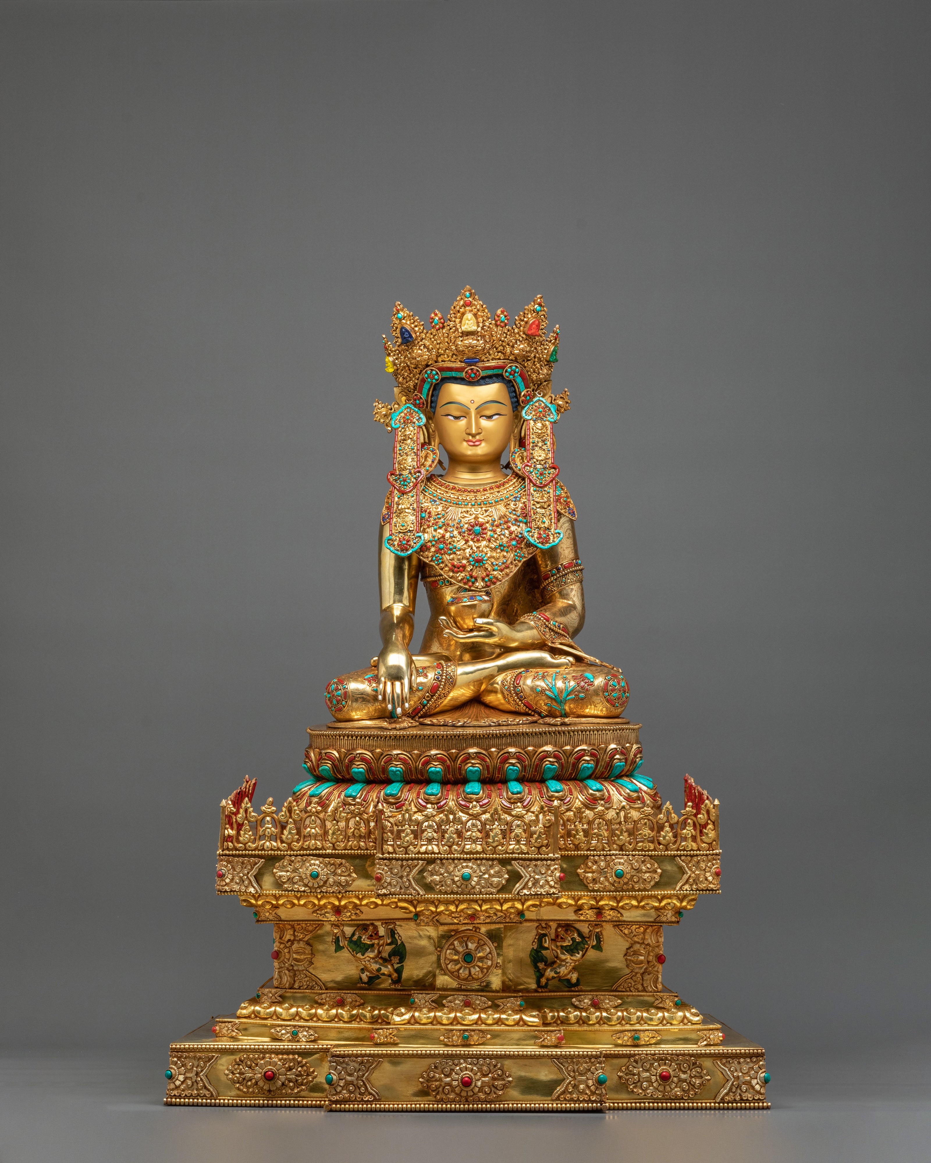 Crown Shakyamuni Buddha on Throne | Exquisite 24K Gilded Figurine