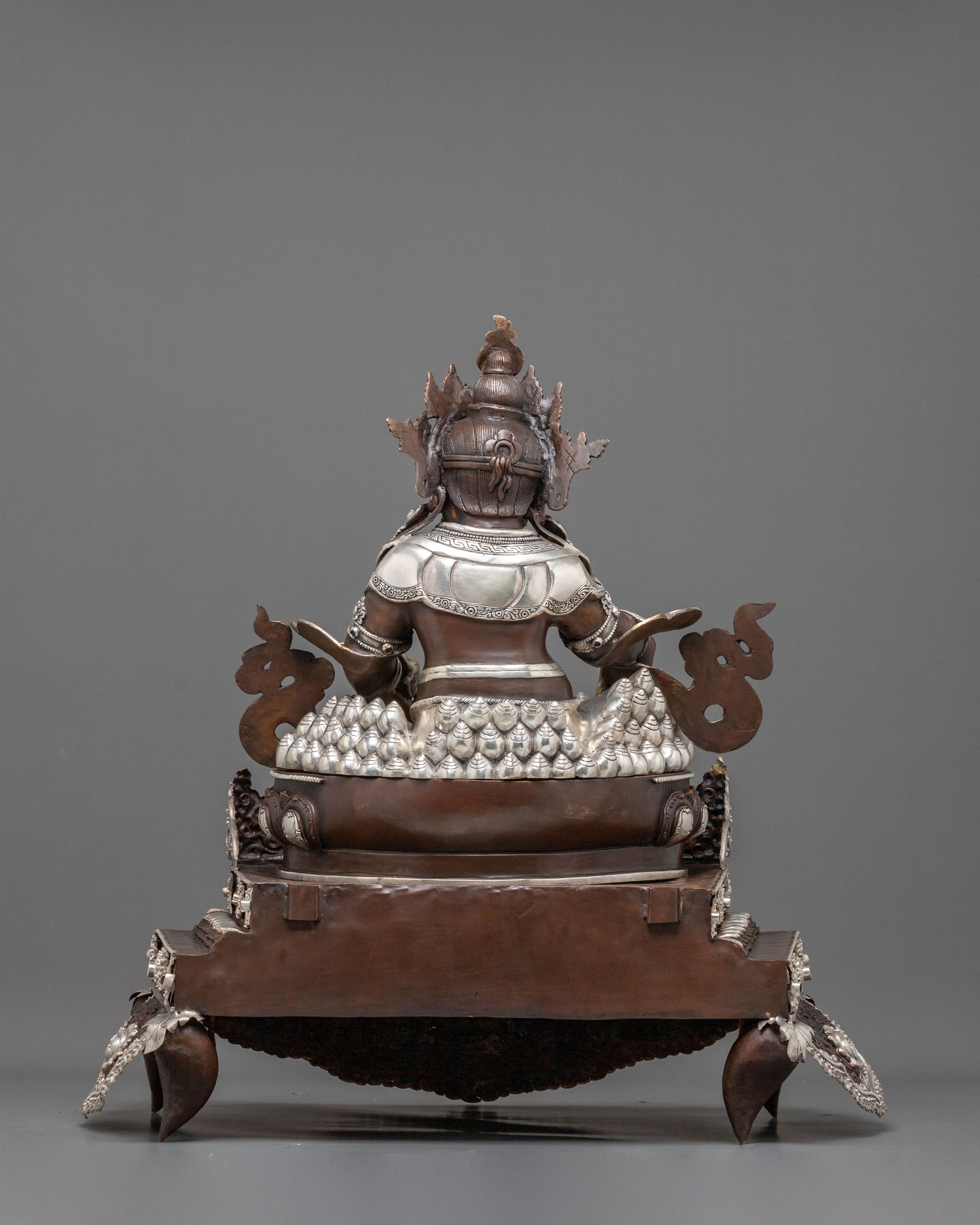 Dzambhala Statue on Throne | Oxidized Copper Figurine with Silver Plating