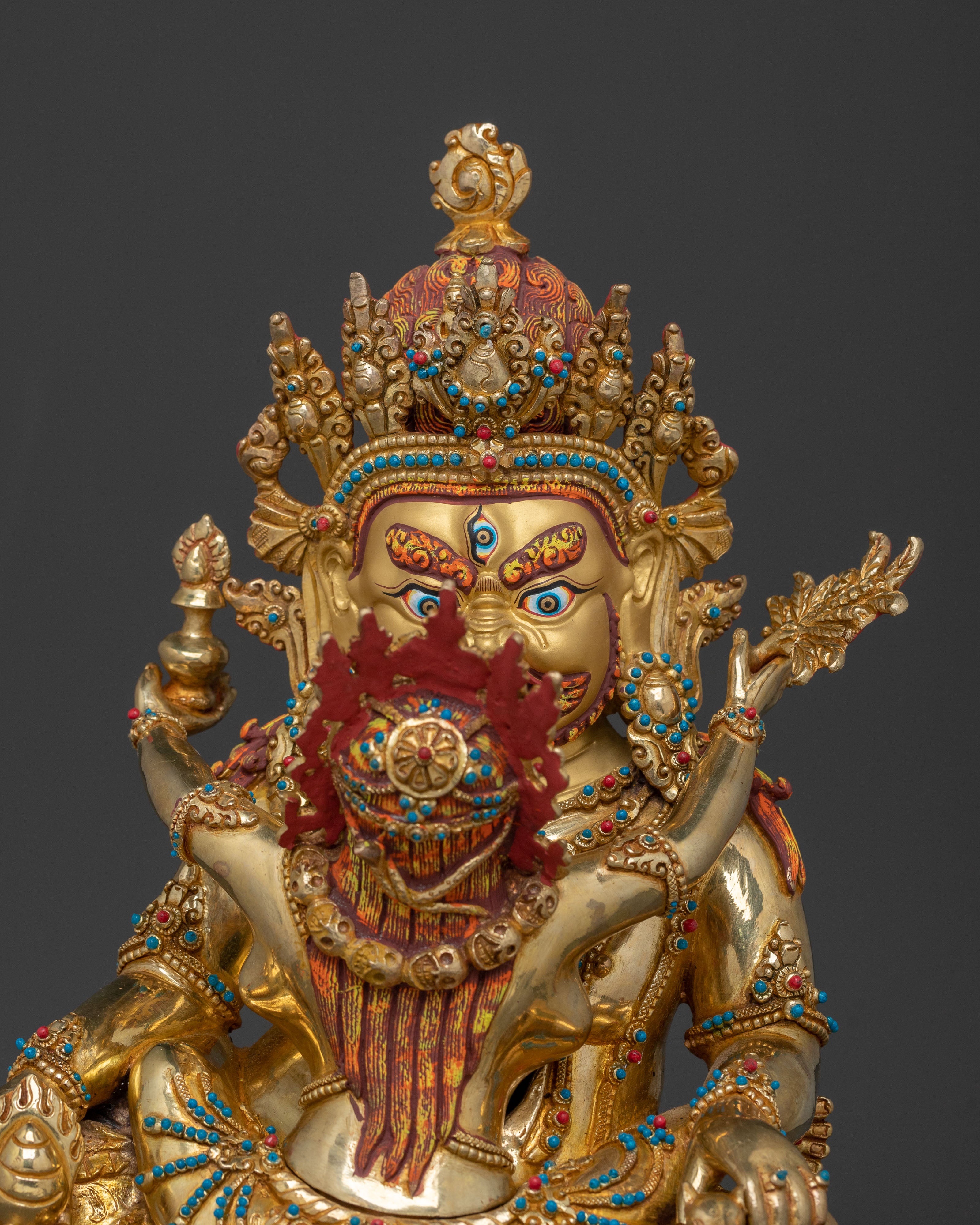 Green Dzambhala 24k Gold Glided Copper Statue | Buddhist Wealth Deity