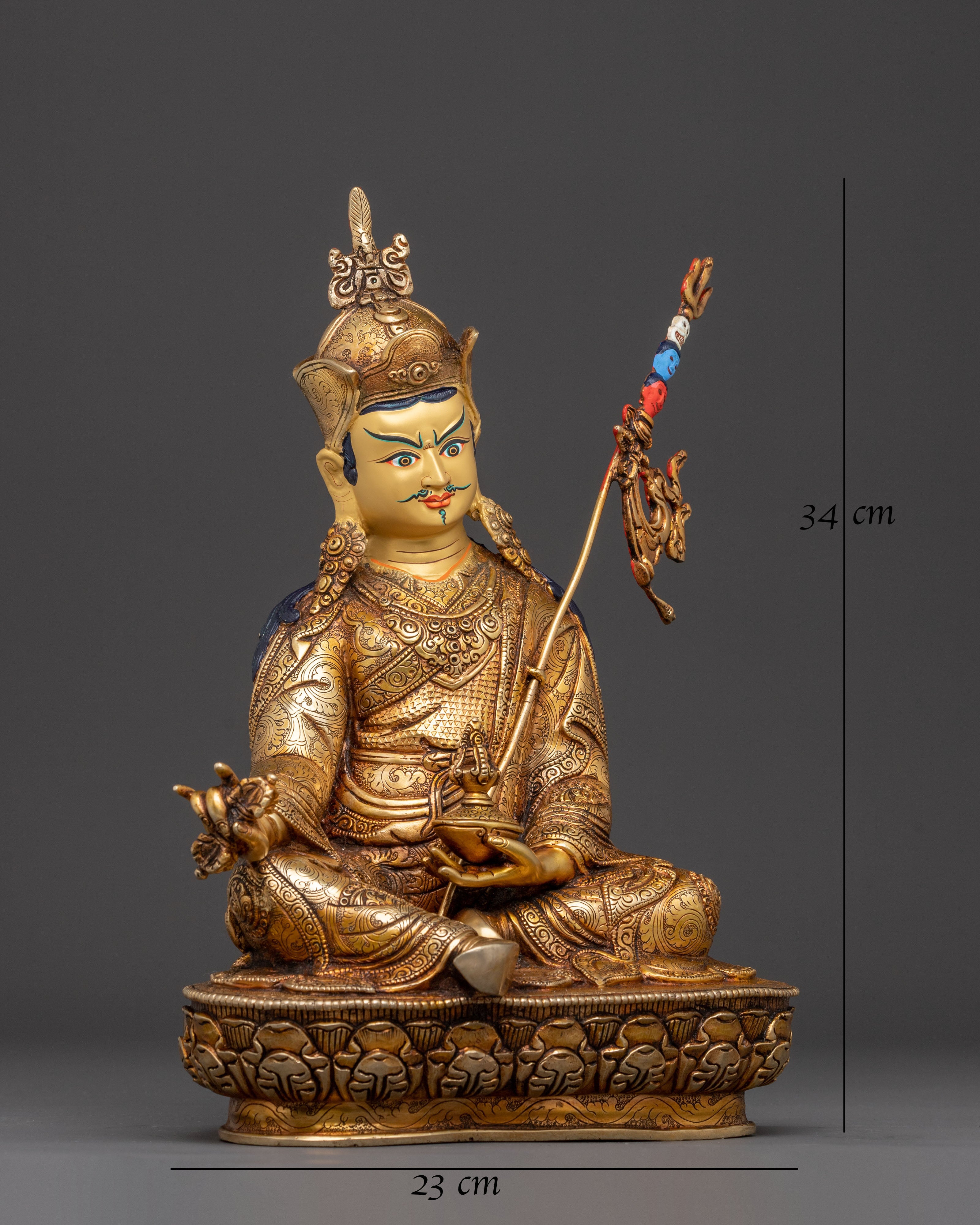 Tibetan Guru Rinpoche Buddhist Statue: 24K Gold Gilded Masterpiece