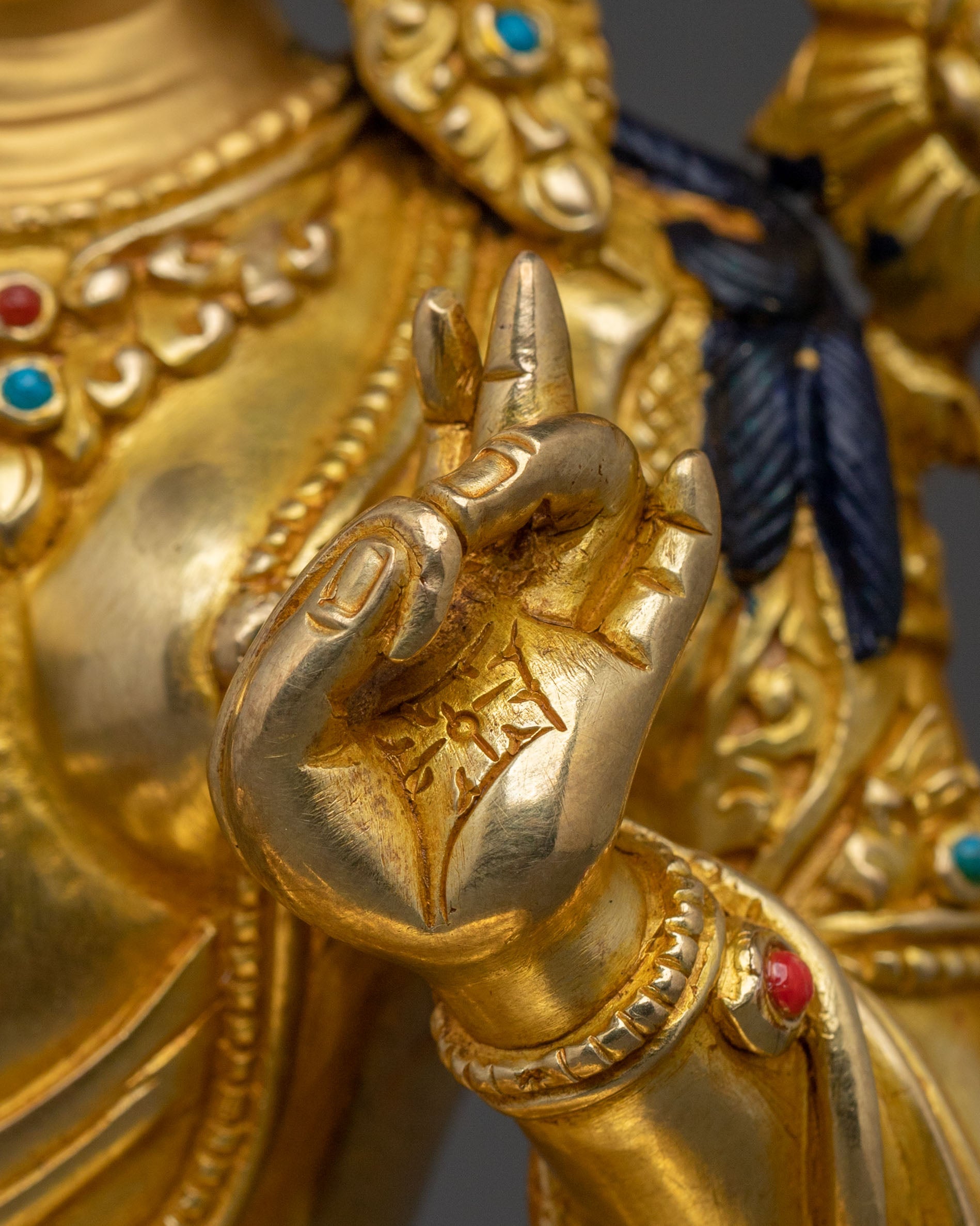 Handcrafted Green Tara Figure with 24K Gold Gilding
