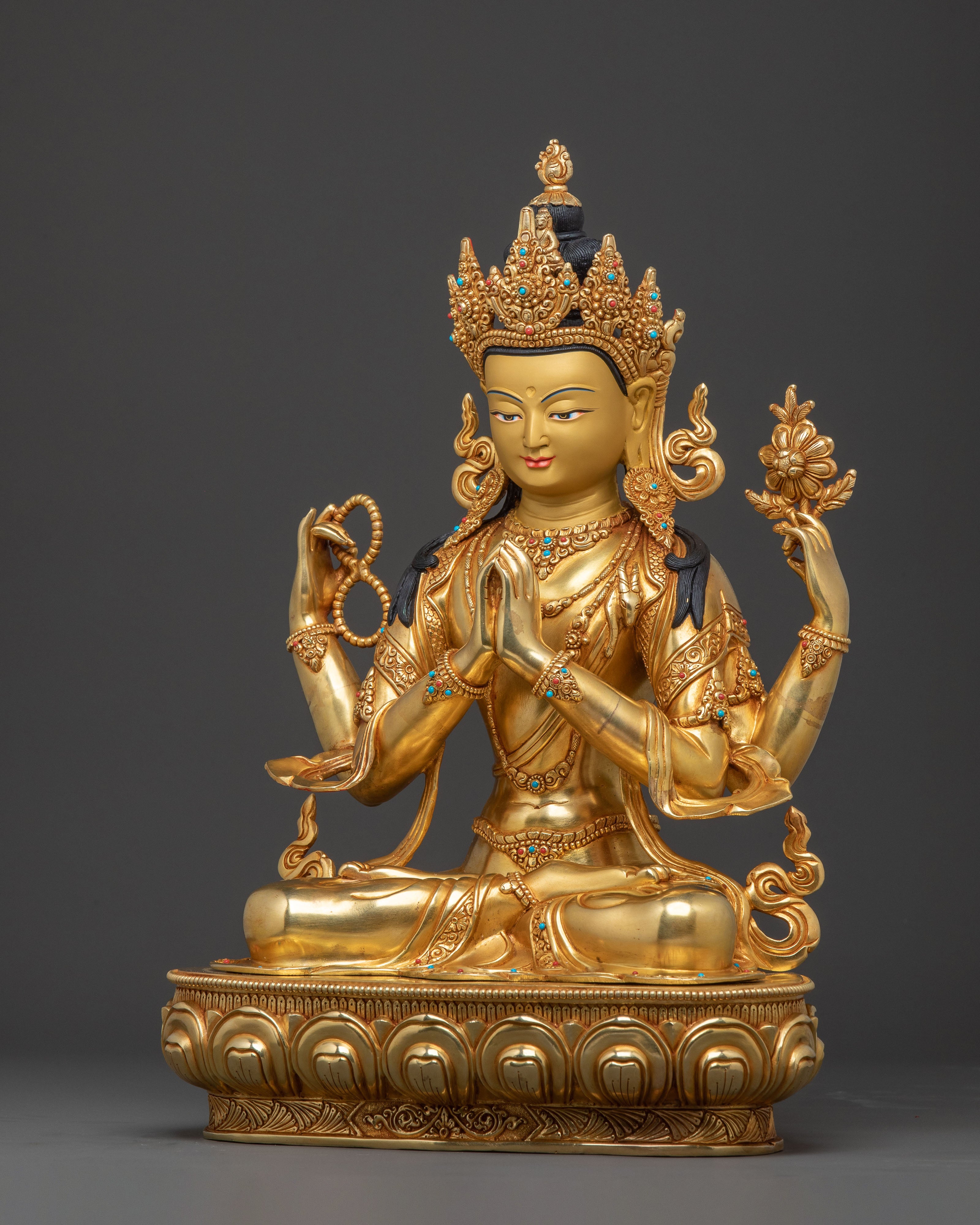 Chenrezig Handcrafted Golden Statue | Sacred Figure for Altar