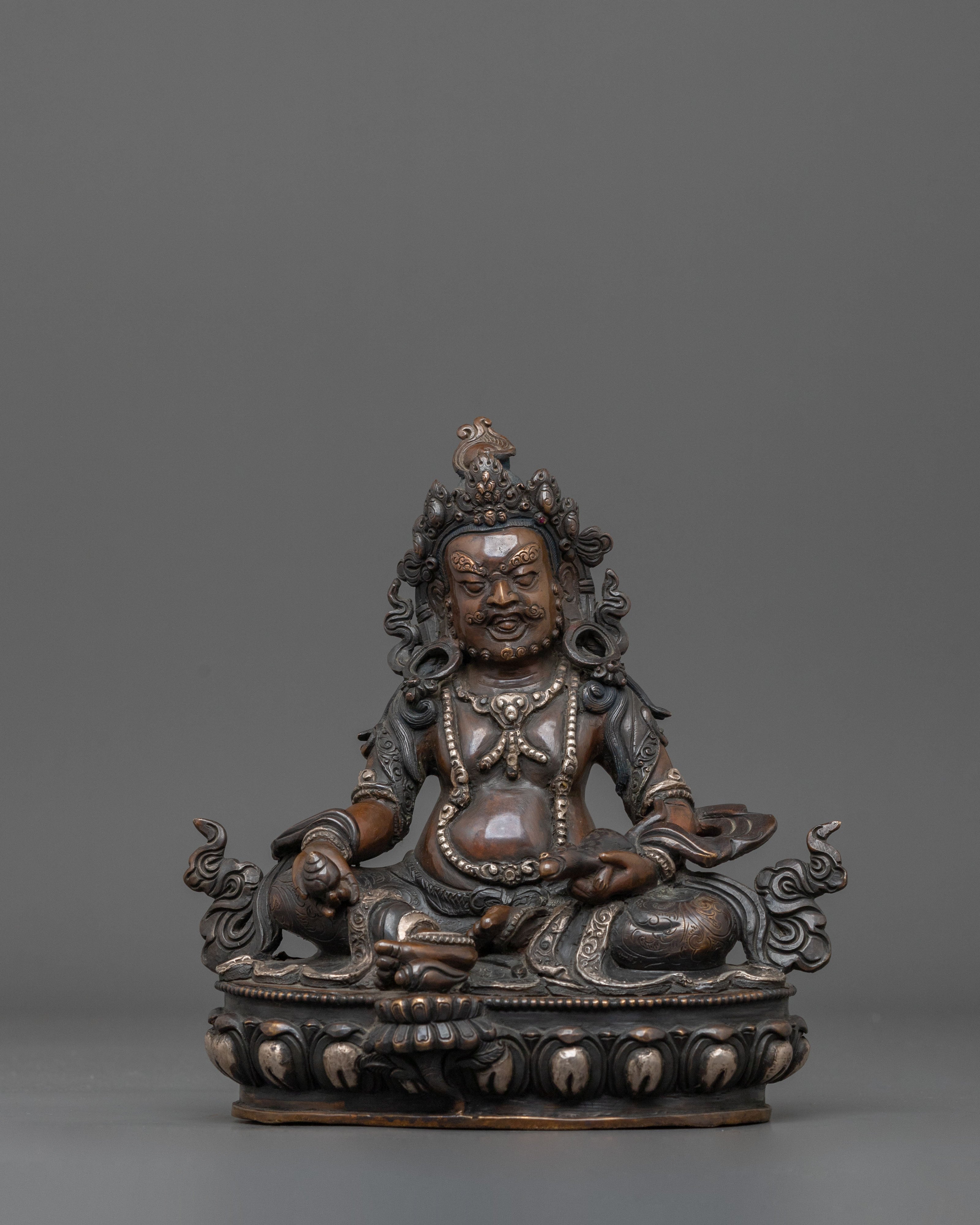 Dzambhala Statue in Oxidized Copper with Silver Plating