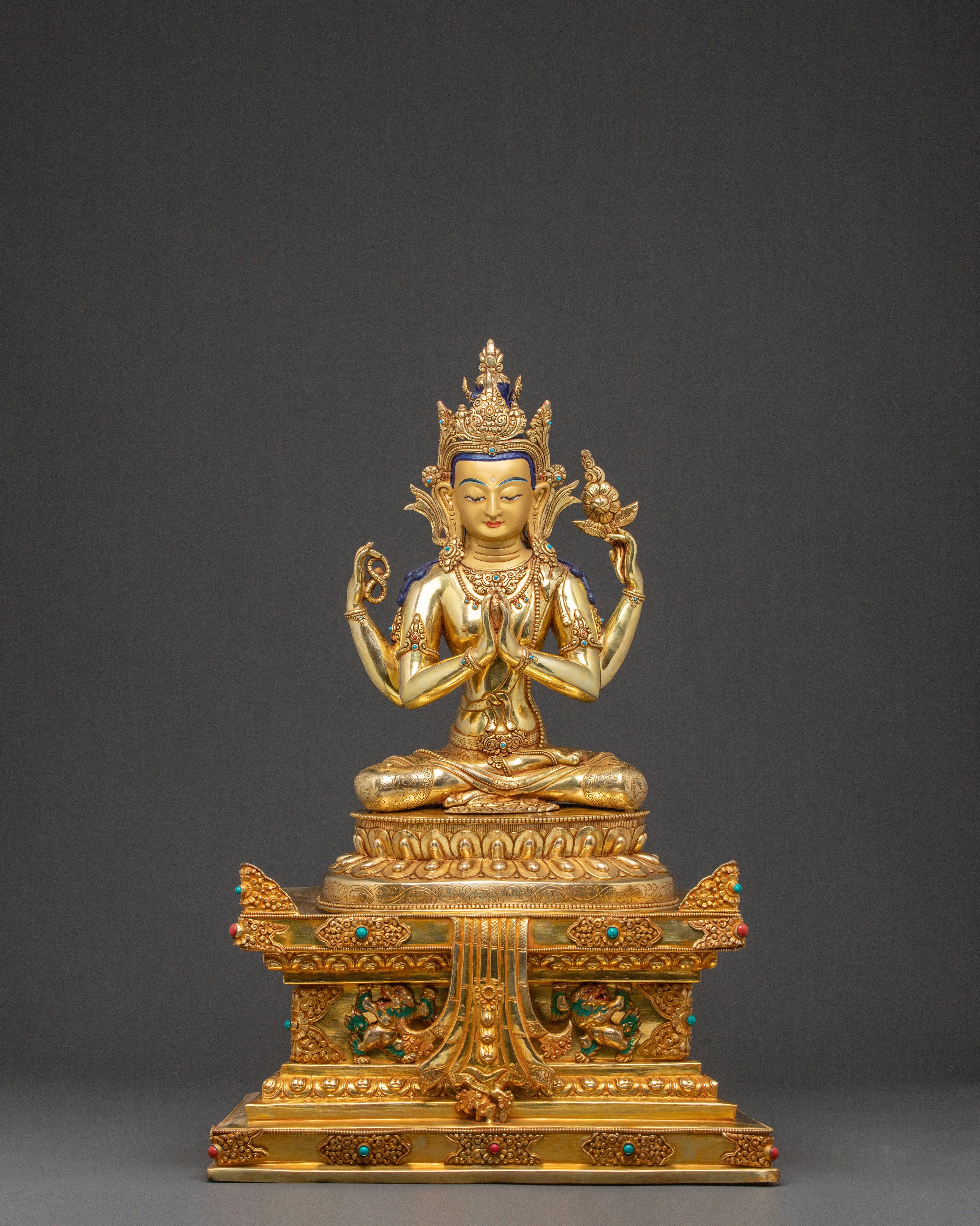 Sacred Statue of Chenrezig on Throne - Handcrafted Sacred Figure