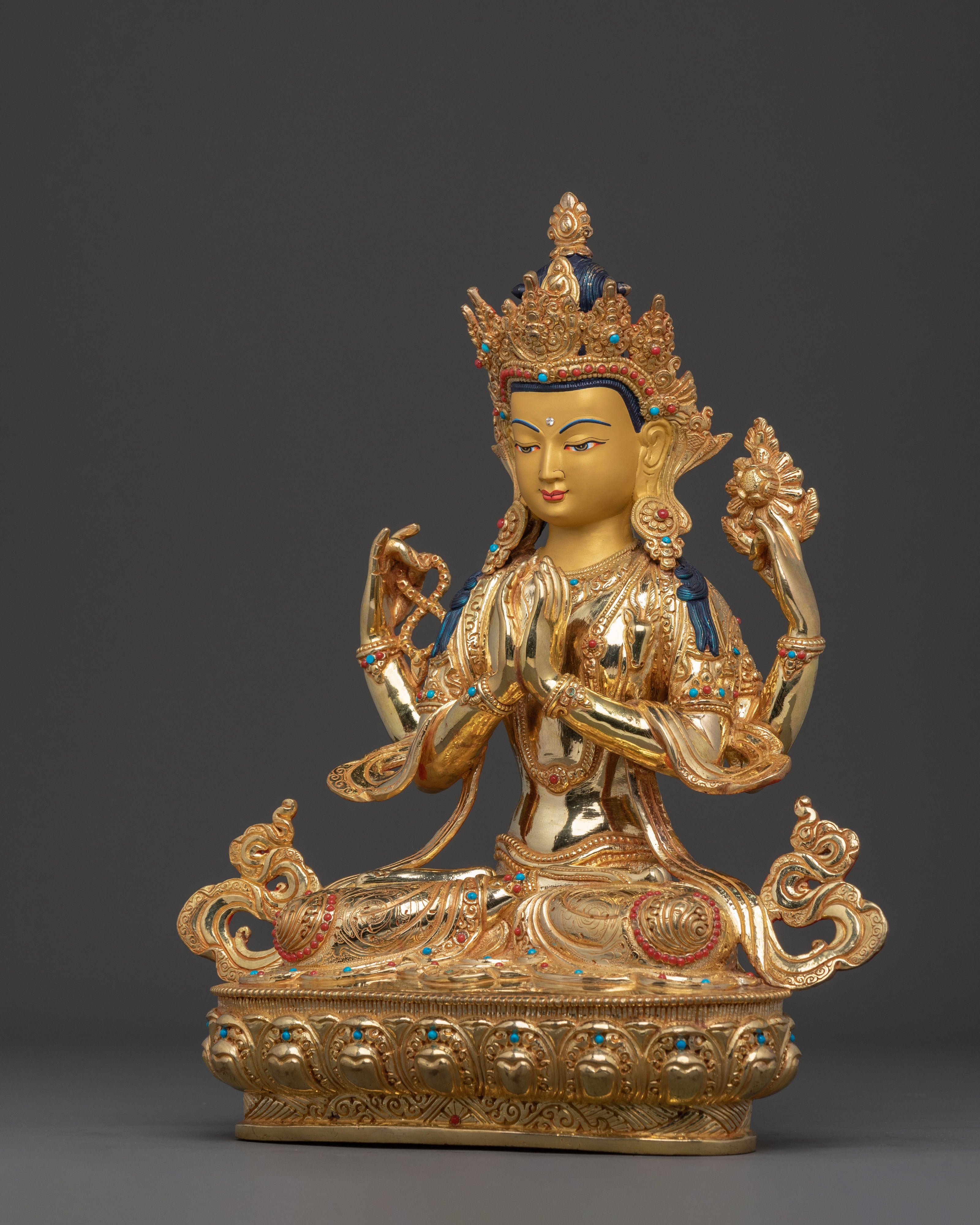 Chenrezig Statue: 24K Gold Gilded Figurine