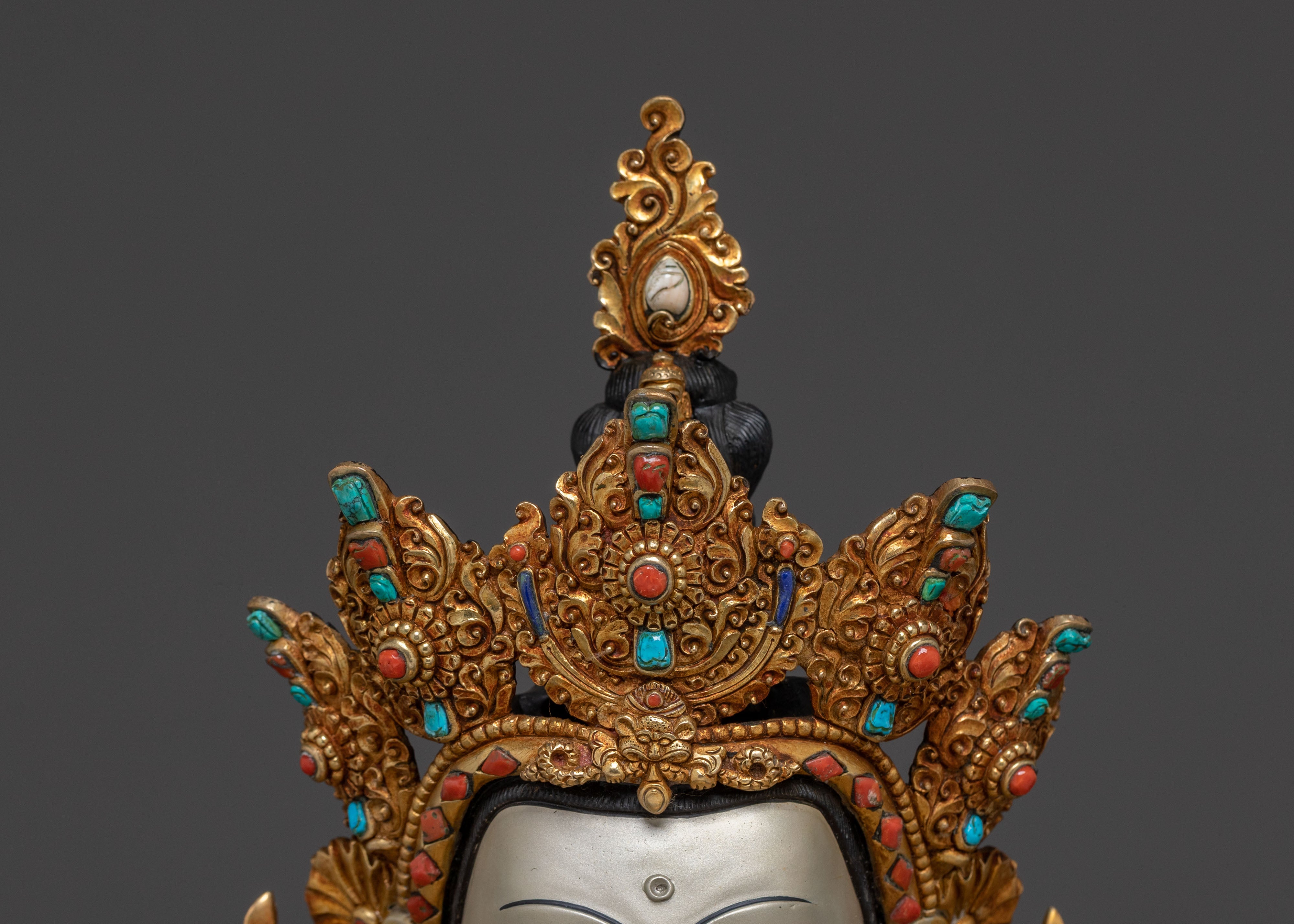 Majestic Chenrezig on Throne Statue with 24k Gold Glided and  Gemstones Inlays