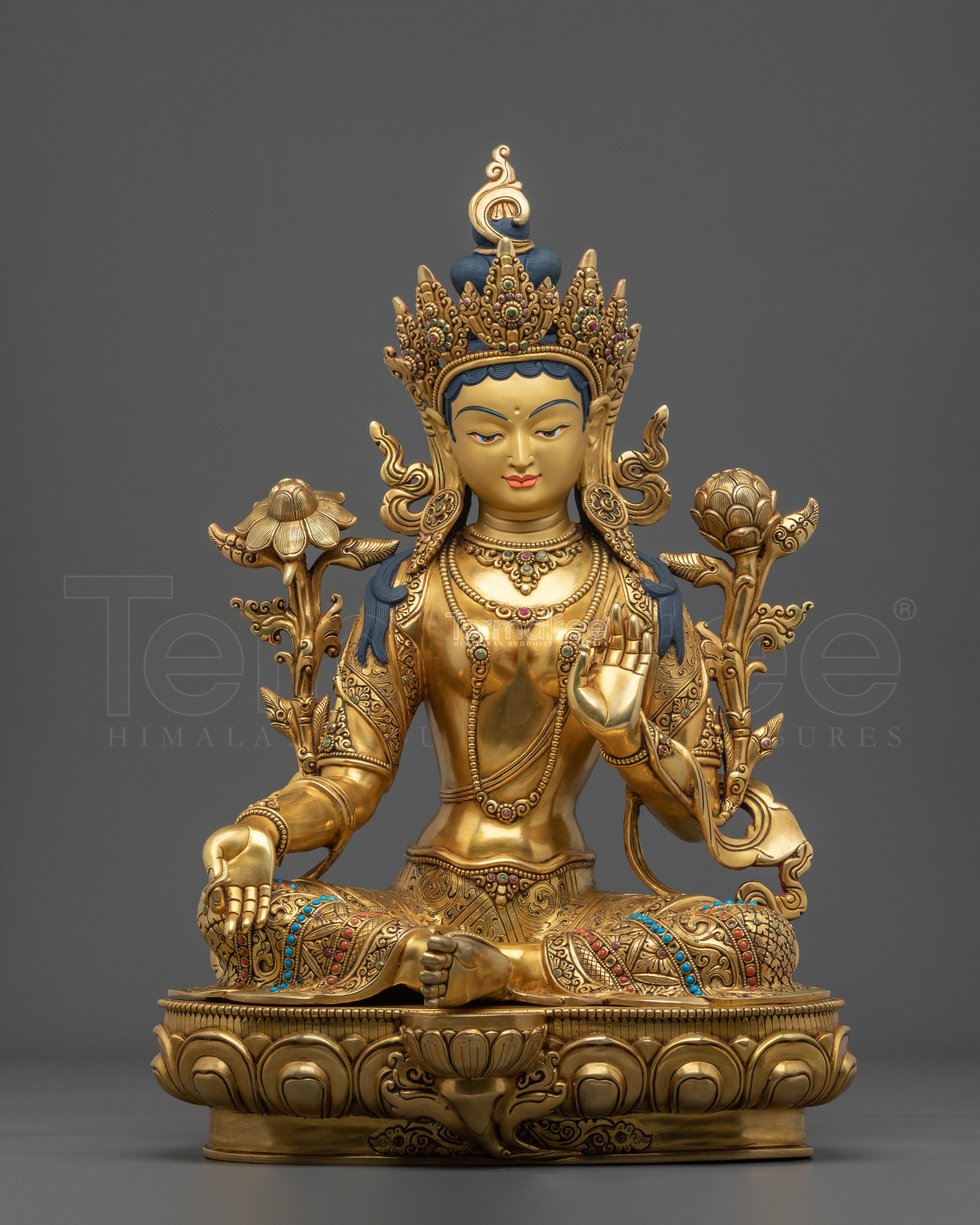 Tibetan Protector Figurine Green Tara in 24K Gold Gilded Copper