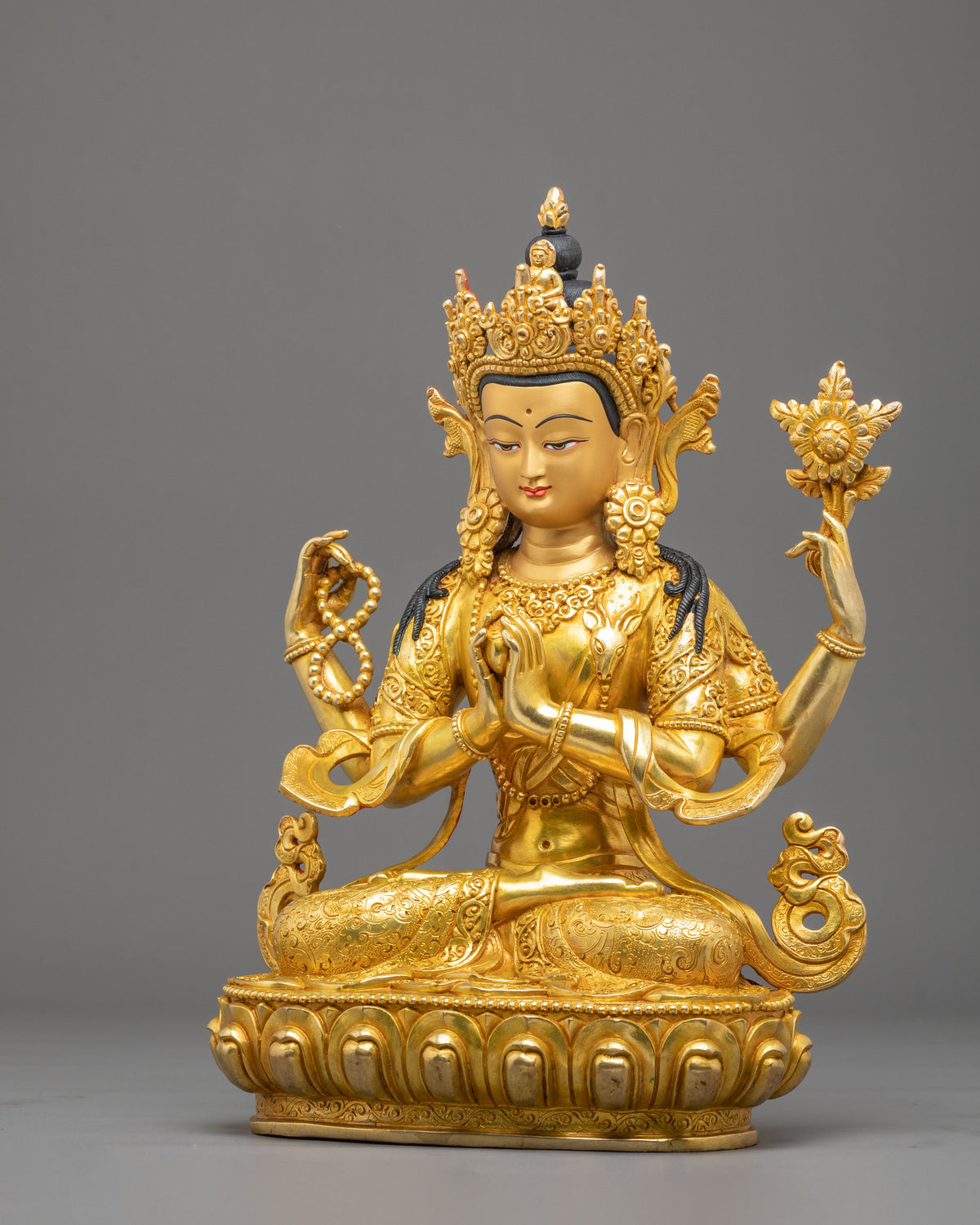 Chenrezig 24K Gold Gilded Sculpture | Compassion in Every Gaze