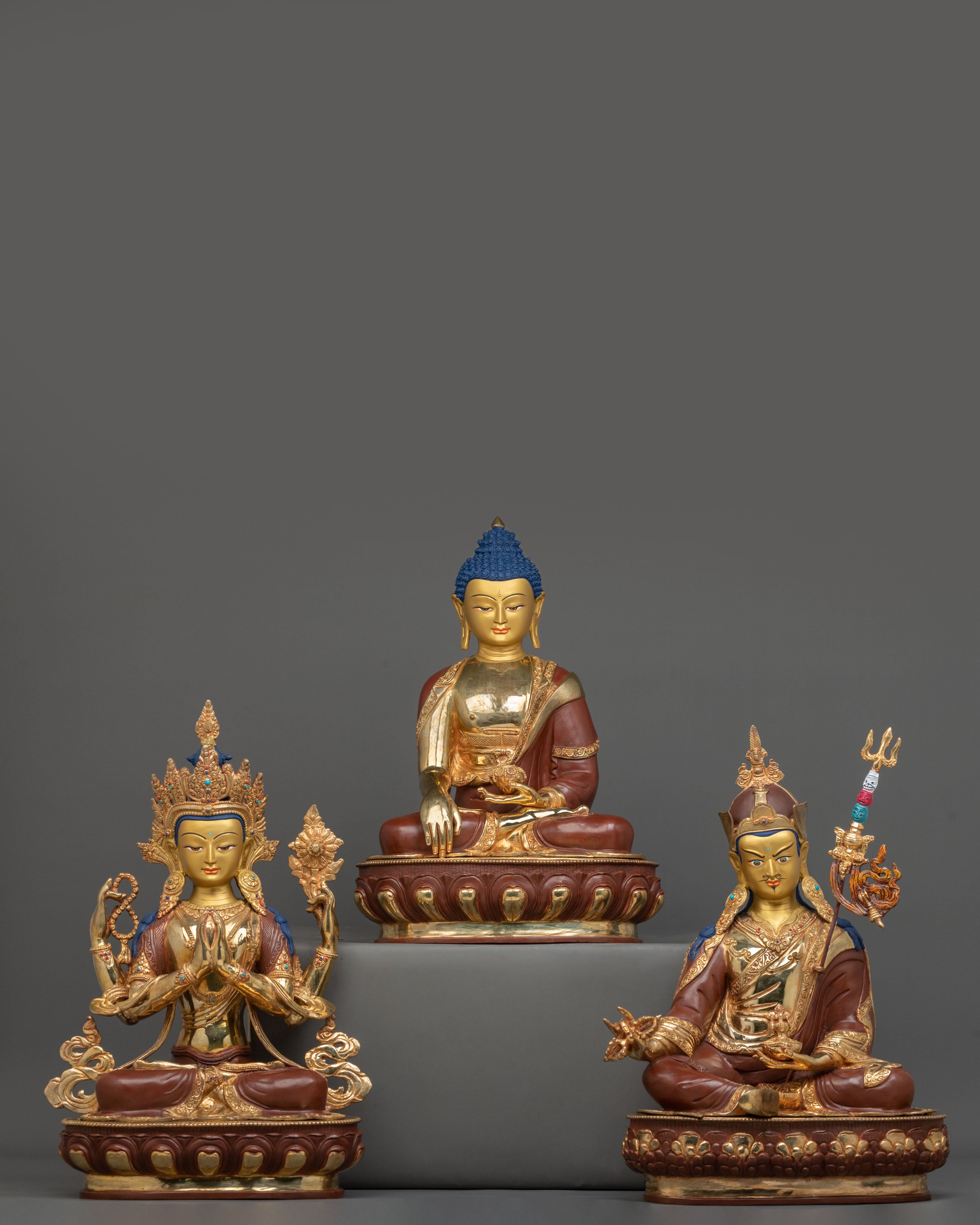 Buddha Dharma Sangha: Oxidized Copper Buddha Statue Set